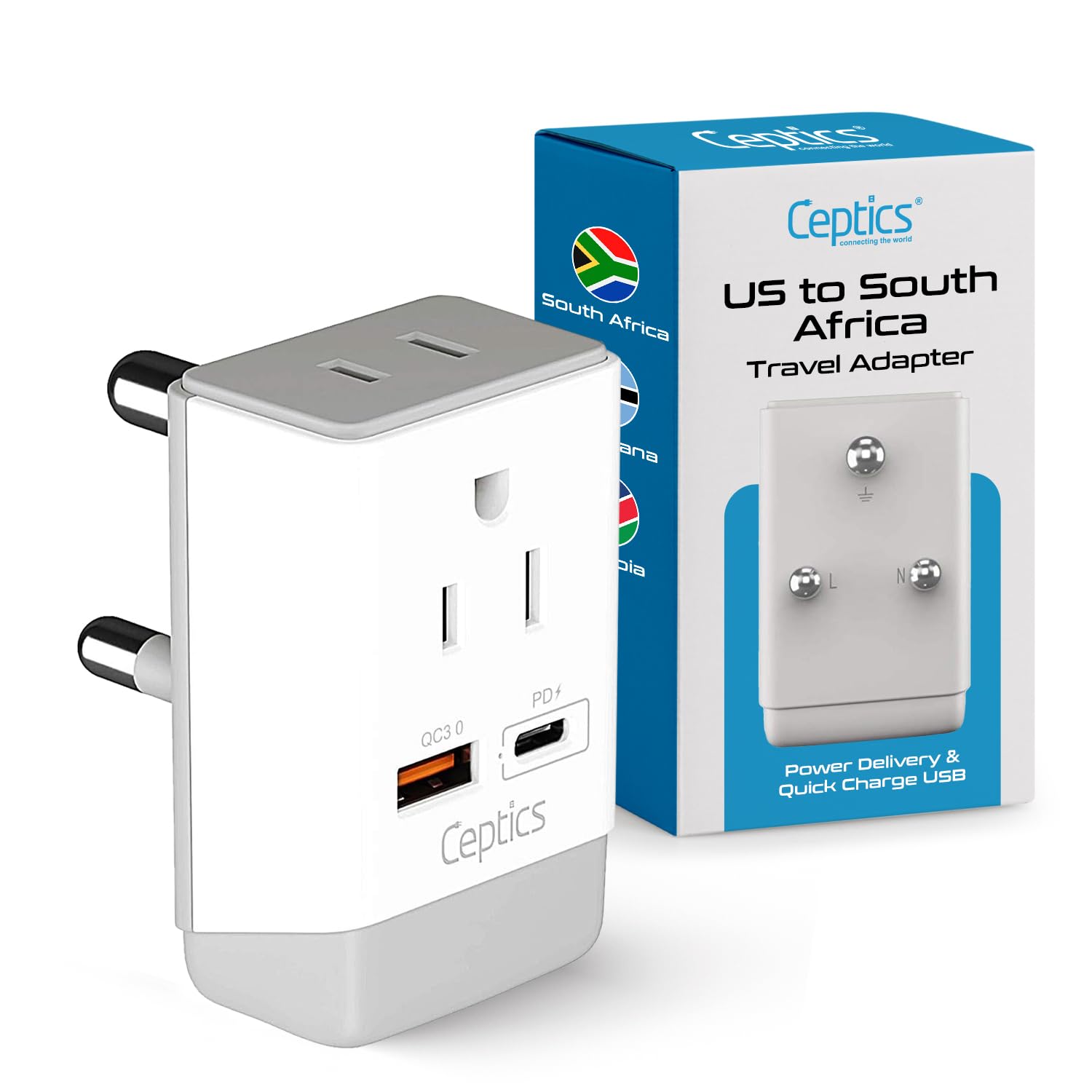 Ceptics South Africa Power Plug Adapter Travel QC 3.0 & PD, Safe Dual USB & USB-C - 2 USA Socket Compact & Powerful - Use in S. 