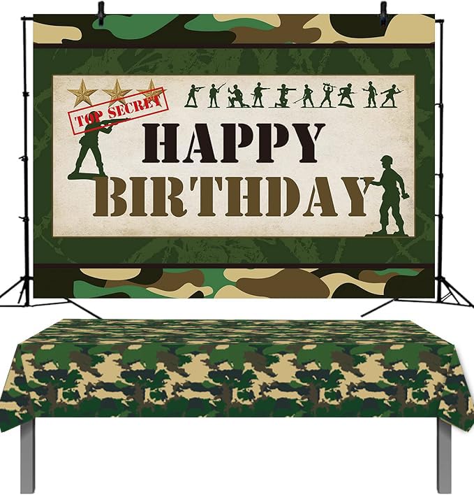 Soldier Theme Happy Birthday Backdrop Camouflage Tablecloth Set Camouflage Soldier Military Theme Party Supplies Cake Table Bann