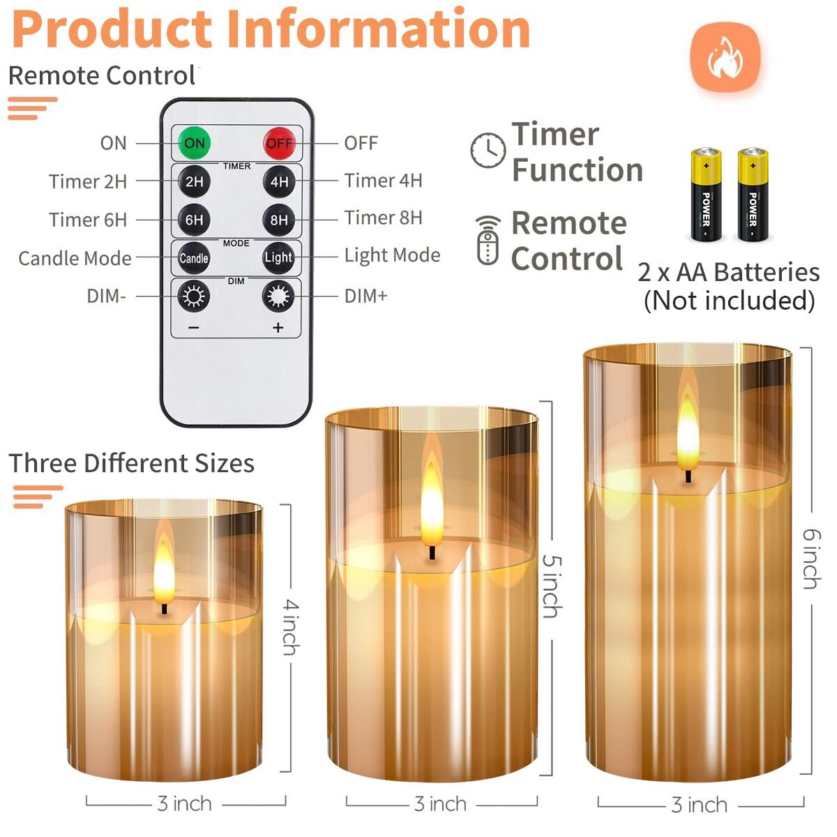 Gold Glass Flameless Candles Flickering With Remote, Timer, Battery Operated Moving Wick Realistic Warm Light Real Wax Led Candl