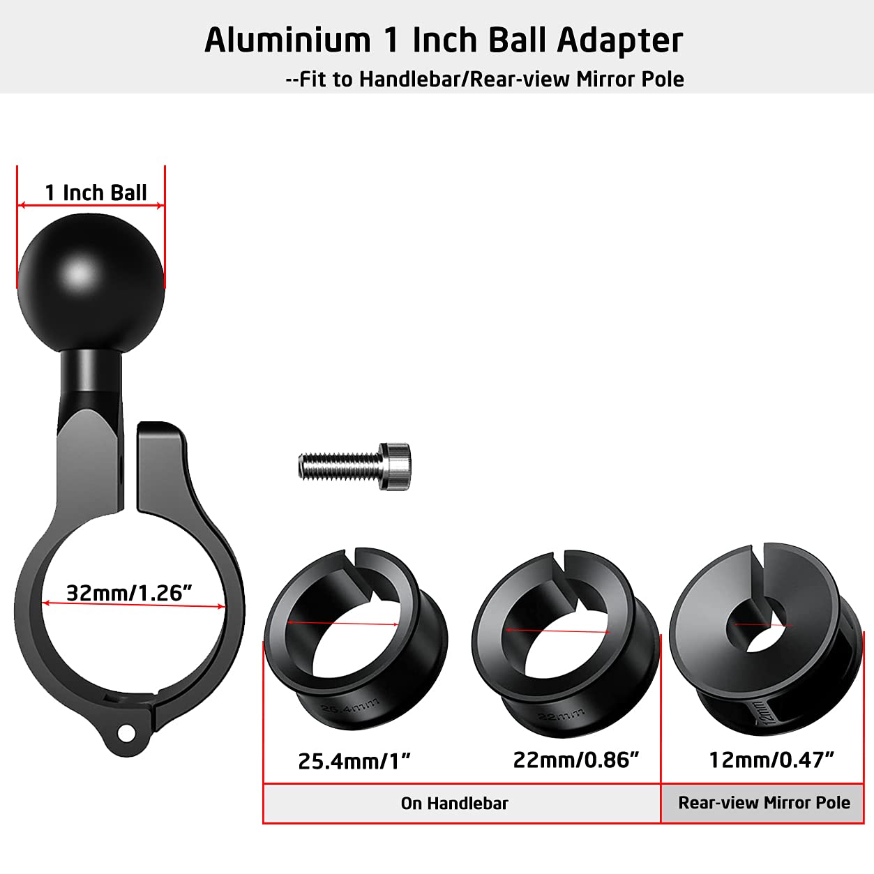 Imestou Aluminium 1'' Ball Mount Adapter, Imesotu Ball Base Fits To Handlebar Diameter 0.86'' 1'' 1.26'' Or Rear View Mirror Pol