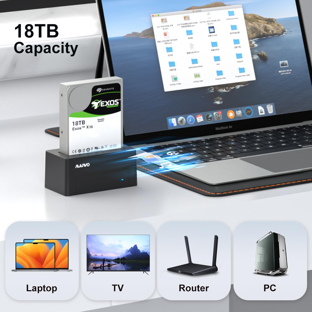 Maiwo Sas To Usb 3.0 Adapter, Sas Sata Hard Drive Enclosure Reader For 2.5 3.5 Inch Hdd Ssd, 22Tb Capacity, External Hard Drive Docking Station With 12V/2A Power, Tool Free