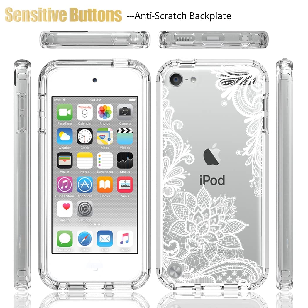 Yodueiv For Ipod Touch 6/Touch 5/Touch 7 Case With Tempered Glass Screen Protector, Full Body Shockproof Cute Clear Mandala Patt