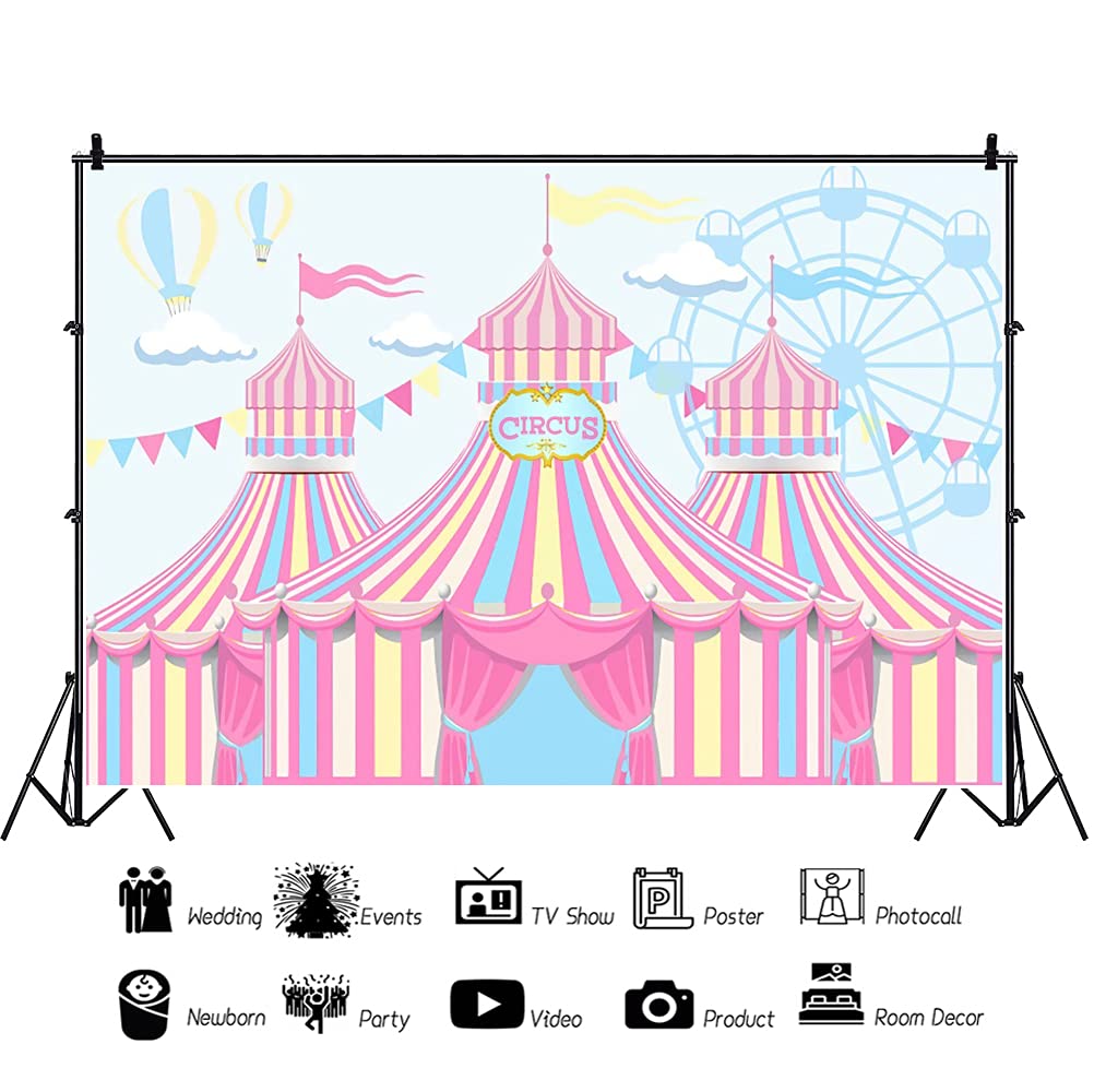 Yeele Pink Circus Backdrop Carnival Carousel Circus Tents Background For Photography Happy First 1St Birthday Backdrops Ferris H