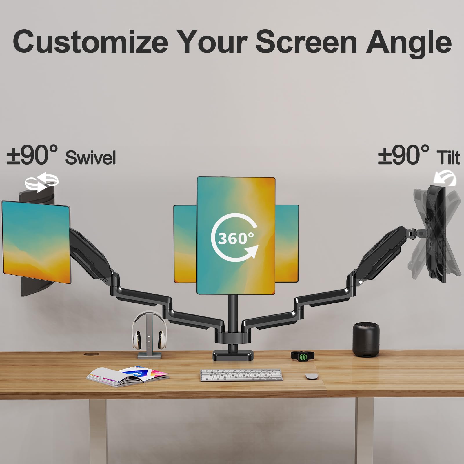 Mount Pro Triple Monitor Mount, 3 Monitor Desk Mount For There Screens Up To 32 Inch, Full Motion Gas Spring Triple Monitor Stan