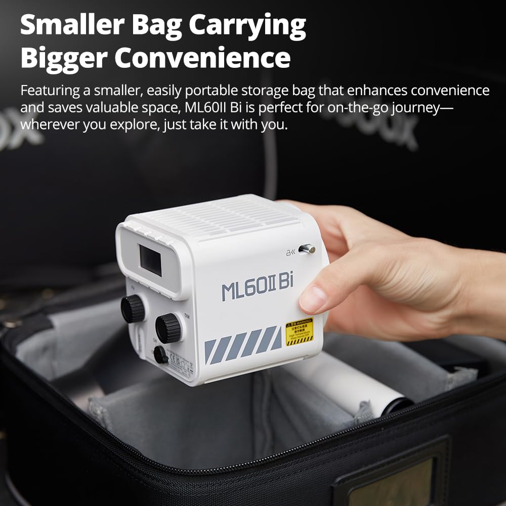 Godox Ml60Iibi Led Light Kit, Handheld Led Video Light, 2800K 6500K Bi Color Led Light, Cri 96+ Tlci 97+, 7 Fx Effects, App Cont