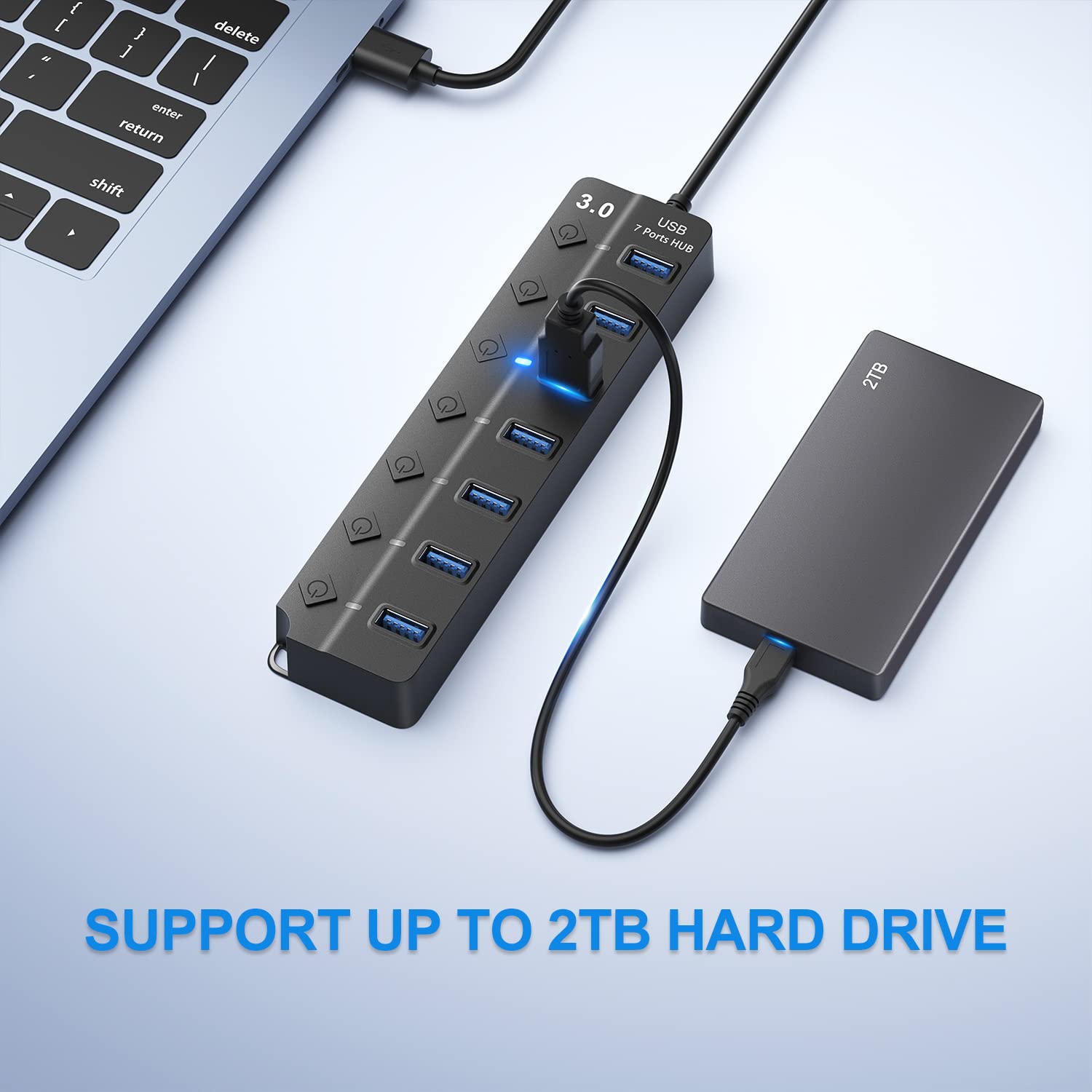 Onfinio Usb Hub 3.0, 7 Port Usb Hub Splitter With Individual On/Off Switches And Lights, 3.2Ft/1M Long Cable Compatible With Macbook, Laptop, Surface Pro, Ps4, Pc, Flash Drive, Mobile Hdd
