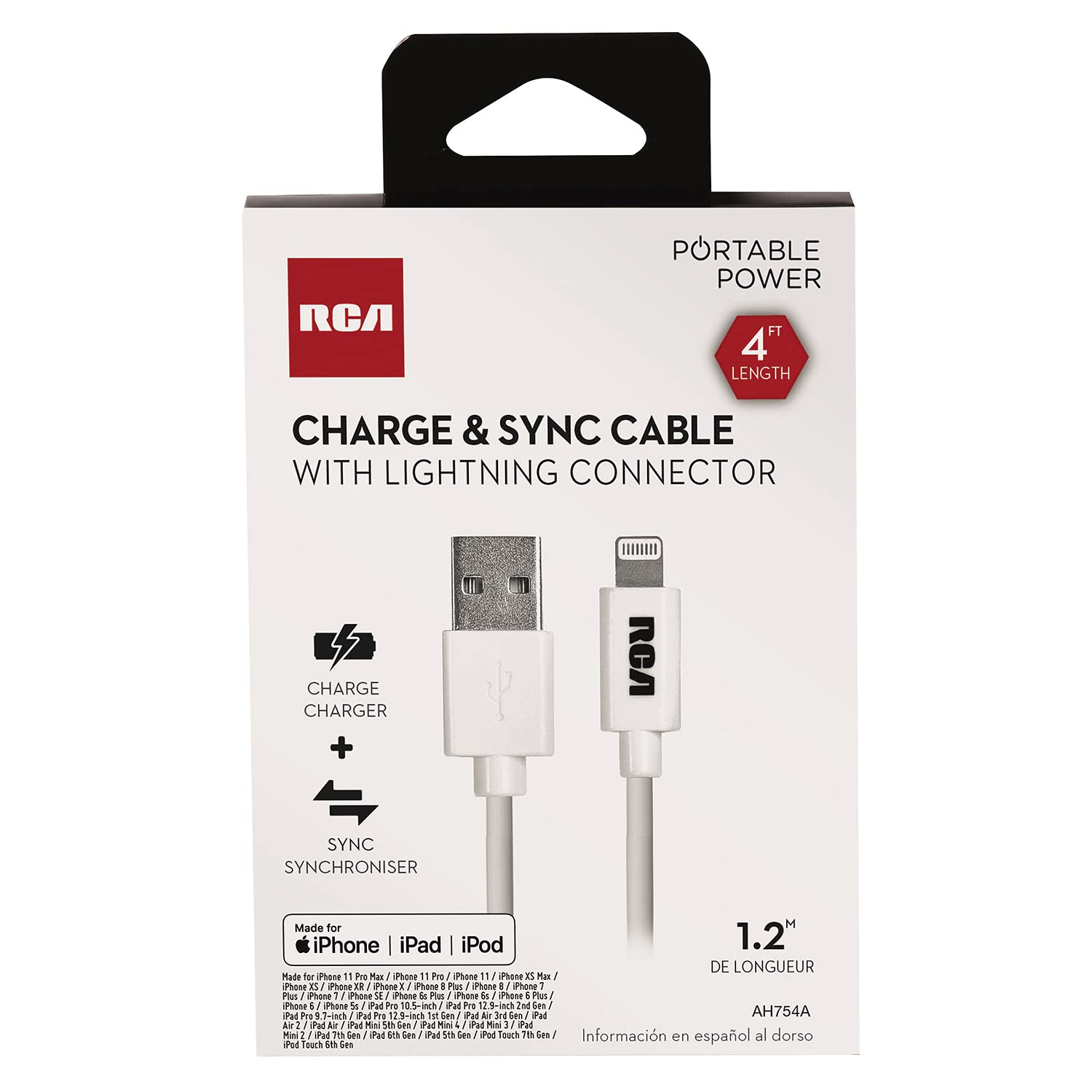 Rca Ah754A Charge And Sync Lightning To Usb C Cable, 4 Feet