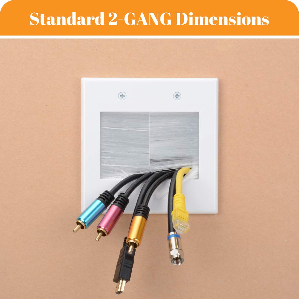 Kebulldola 2 Gang Brush Wall Plate White 2 Pack, Double Gang Cable Management Kit For Tv Coaxial, Hdmi, Ethernet Cables, Speaker