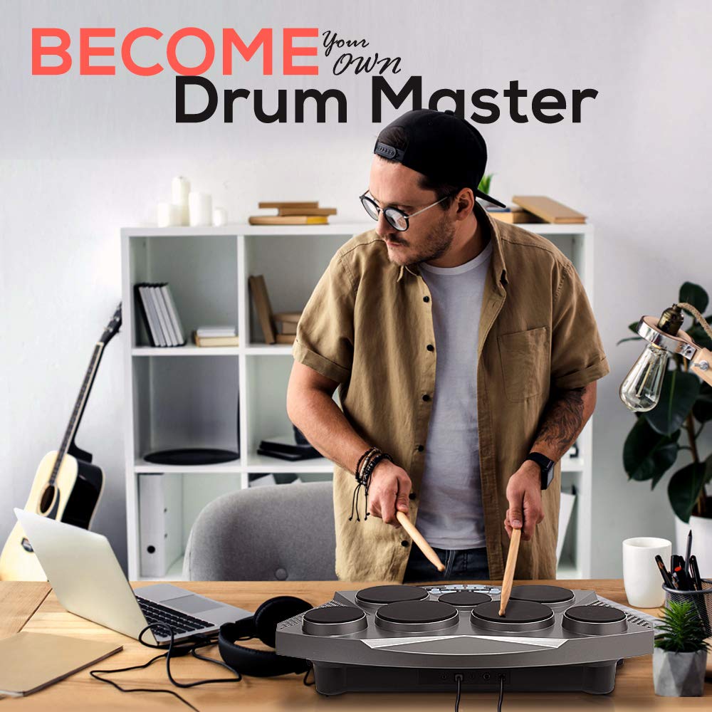Pyle Pro Electronic Drum Kit - Portable Electric Tabletop Drum Set Machine With Digital Panel, 7 Drum Pad, Hi-Hat / Kick Bass Pe
