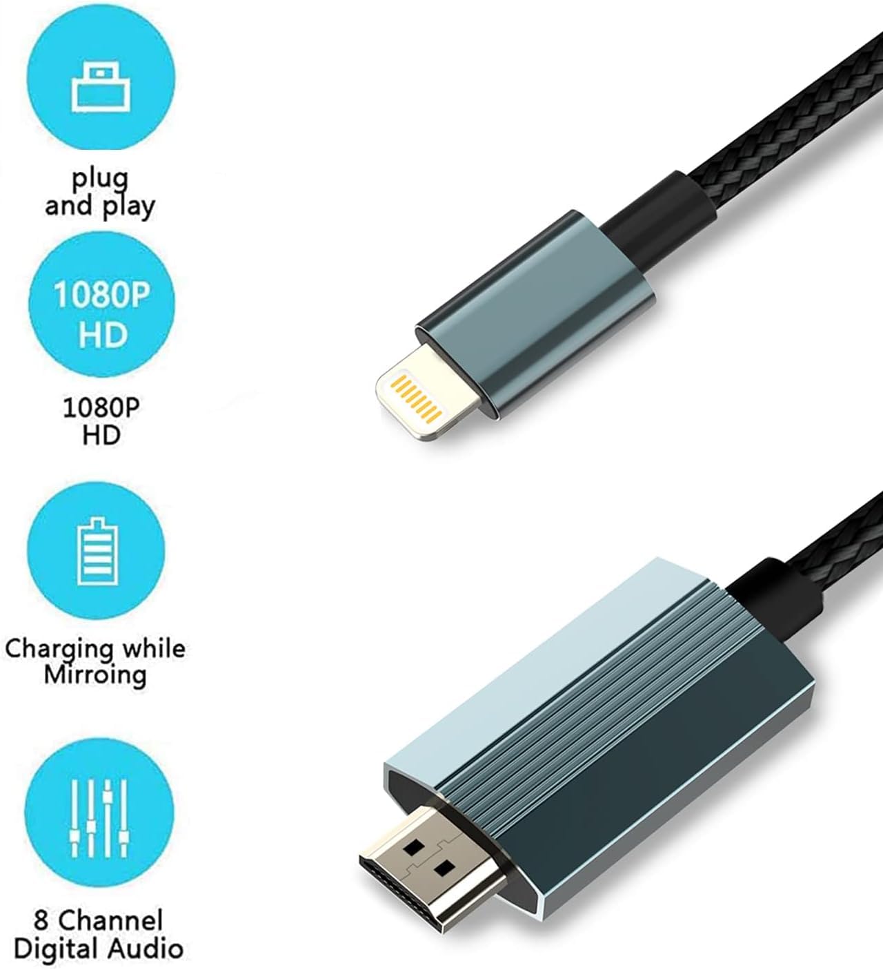 [Apple Mfi Certified] Lightning To Hdmi Digital Av Adapter, 6 Ft Hdtv Cable Compatible With Iphone, Ipad, Ipod 1080P Digital Av