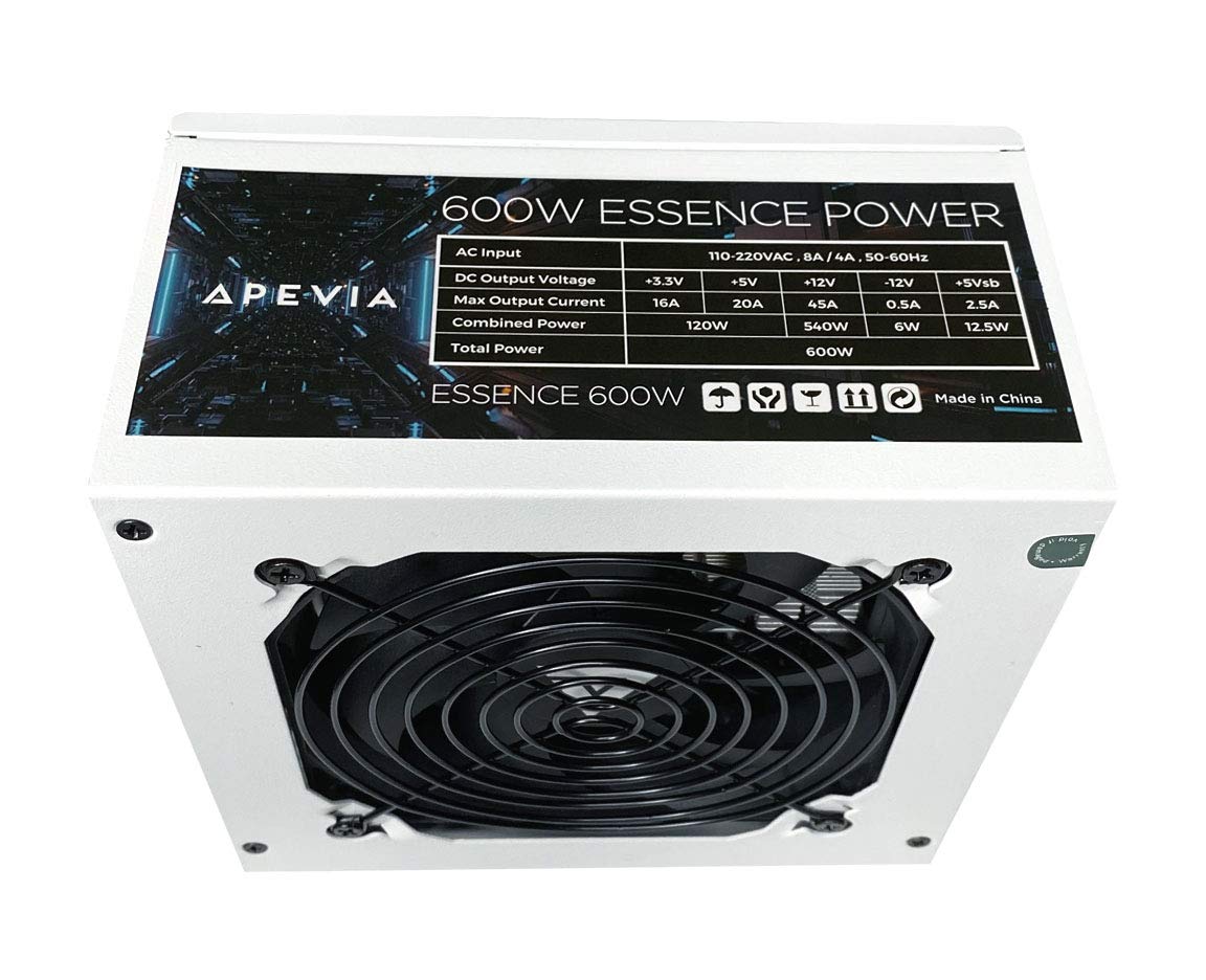 Apevia Atx Es600 Wh Essence 600W Atx Semi Modular Gaming Power Supply With Auto Thermally Controlled 120Mm Black Fan, 115/230V S