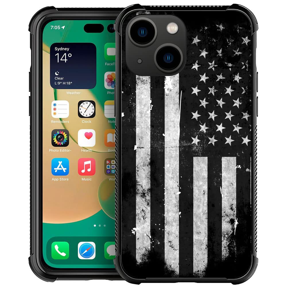 Compatible With Iphone 14 Plus Case, Black And White Grunge American Flag 14 Plus Cases, Tempered Glass Back+Soft Silicone Tpu S