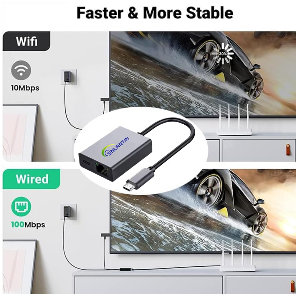 Snlrntin Ethernet Adapter For Fire Tv Stick, Micro Usb To Rj45 Ethernet Adapter Compatible With Fire Tv Stick/4K/4K Max, Fire Tv