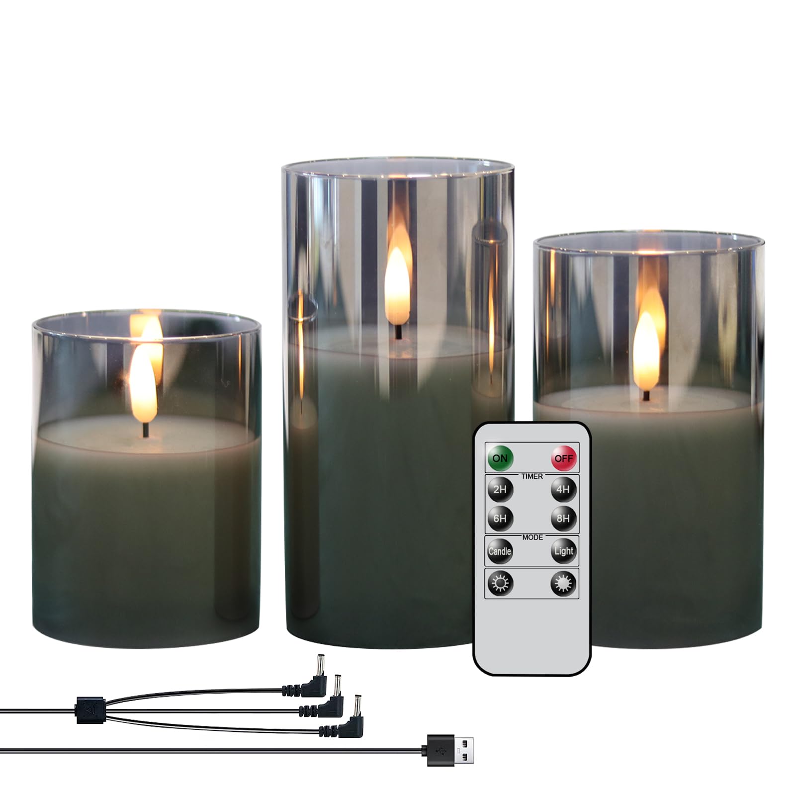 Genswin Rechargeable Led Flameless Flickering Glass Candles With Remote Timer, Battery Operated Pillar Candles Long Lasting Grey