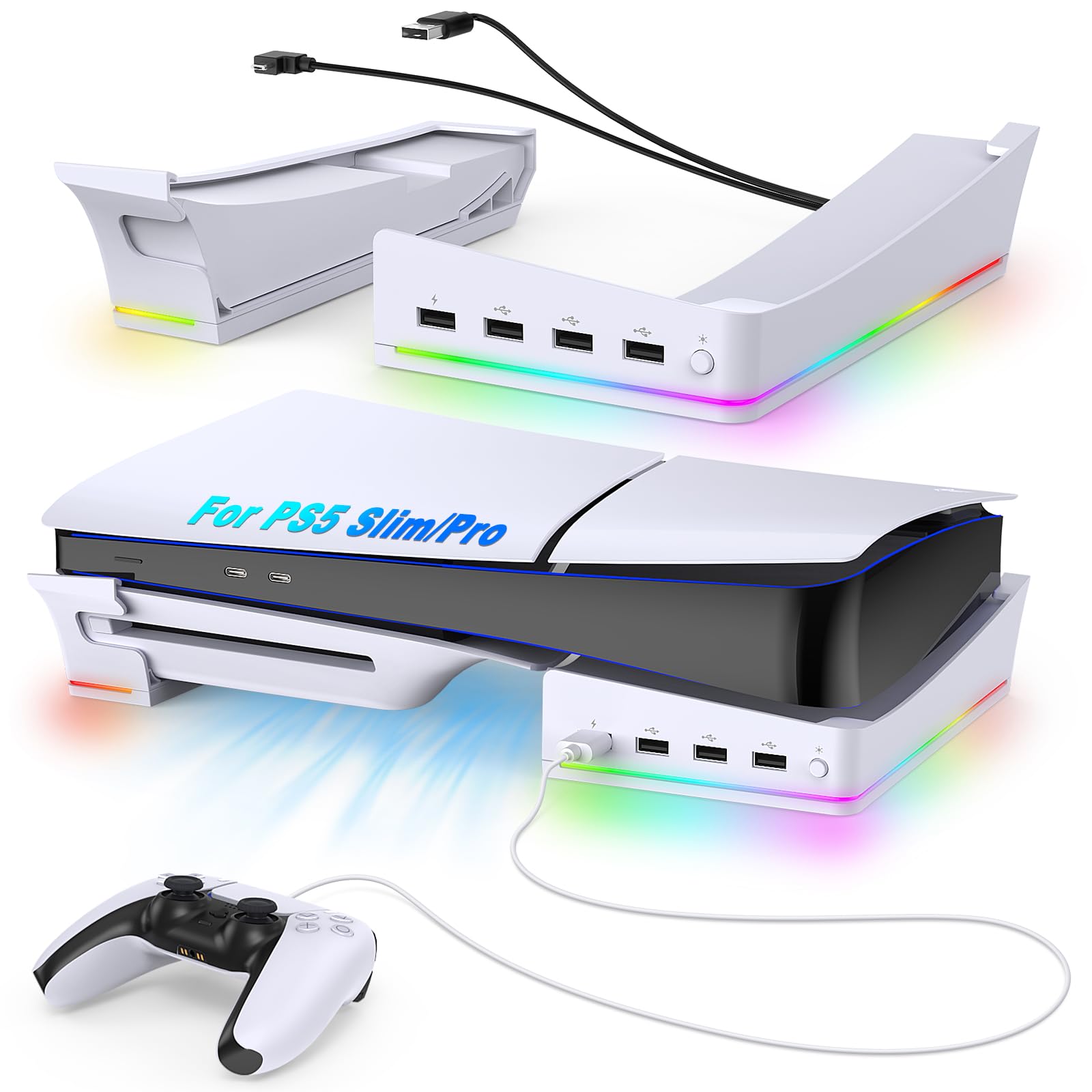 Auarte RGB Horizontal Stand for PS5 Pro / Slim Console Accessories with 14 Light Mode and 4 USB Hubs, Side Stand for Playstation