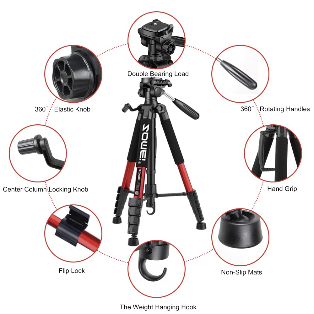 Camera Tripod, 74' Tripod For Camera Stand, Heavy Duty Tripod With Travel Bag For Projectors, Lasers, Dslr, Webcam, Aluminum Phone Tripod For Video Recording Photo Vlogging(Red)