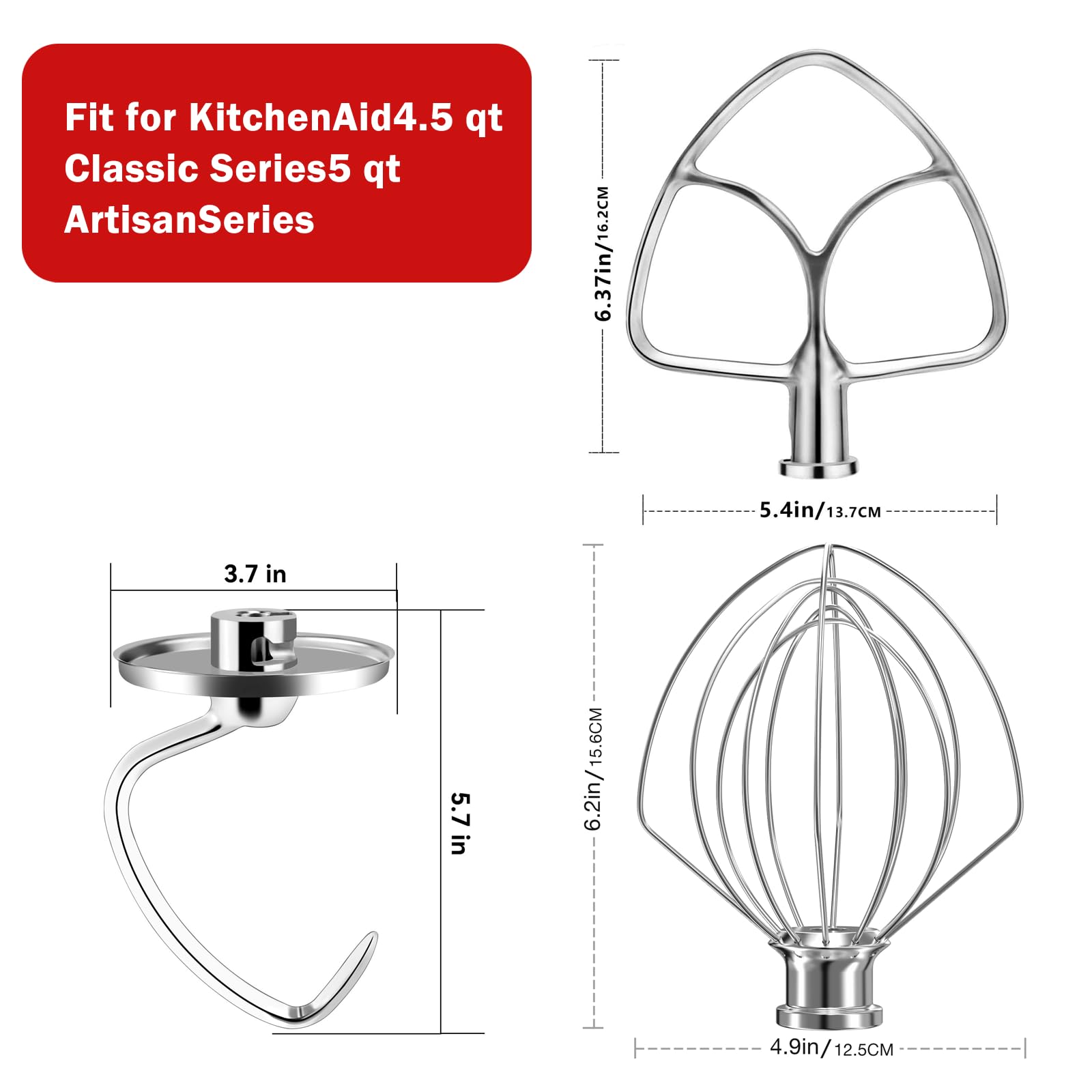 Stainless Steel Stand Mixer Attachments 3 Piece (4.5 5Qt Flat Beater, 4.5 5Qt Dough Hook, K45Ww 6 Wire Whip Attachment) For Kitc
