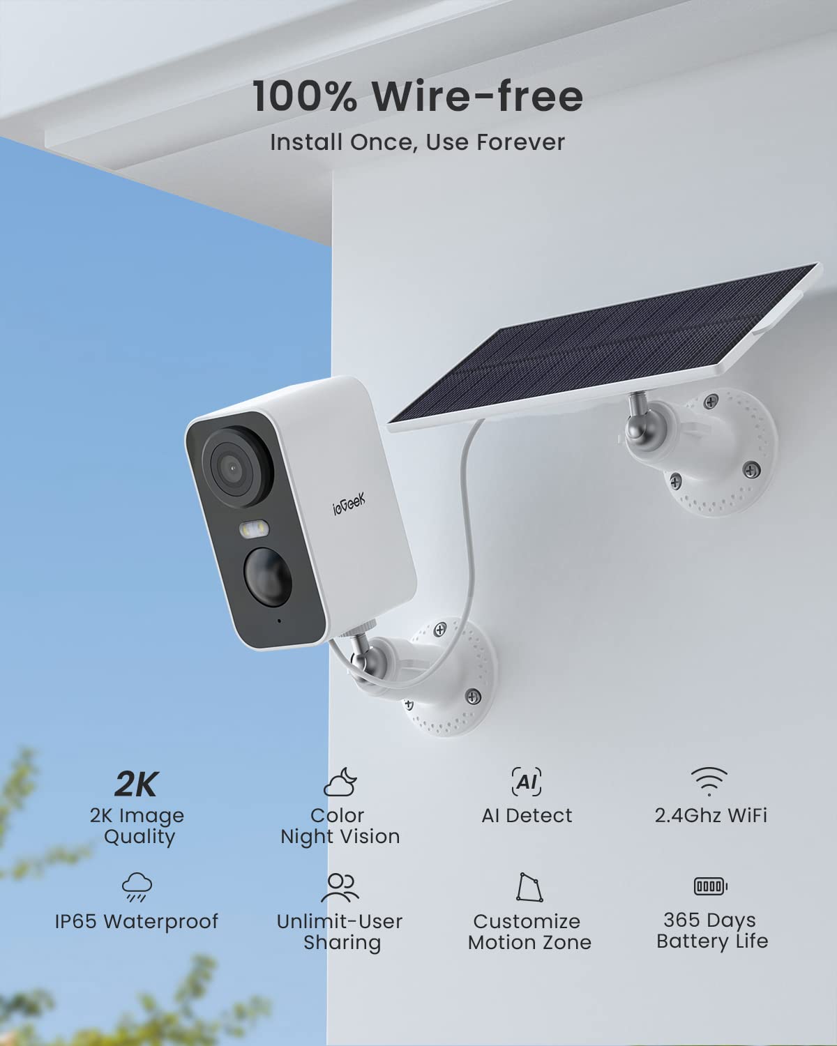 Iegeek Solar Security Cameras Wireless Outdoor, 2 Pack 2K Wifi Battery Camera System For Home Surveillance, Battery Powered Cam With 3Mp Color Night Vision, Pir, Ai, 2 Way Talk, Ip65, Works With Alexa