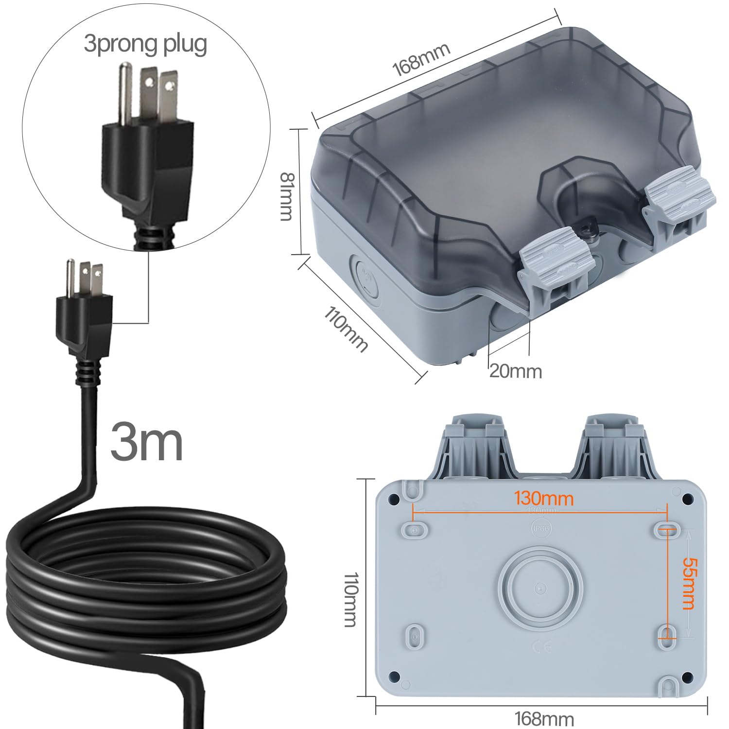 Zuyiyi Outdoor Power Outlet With 9.8Ft Extension Cord, Double Plug Outlet Extender, Weatherproof Waterproof Ip66 Outdoor Electri