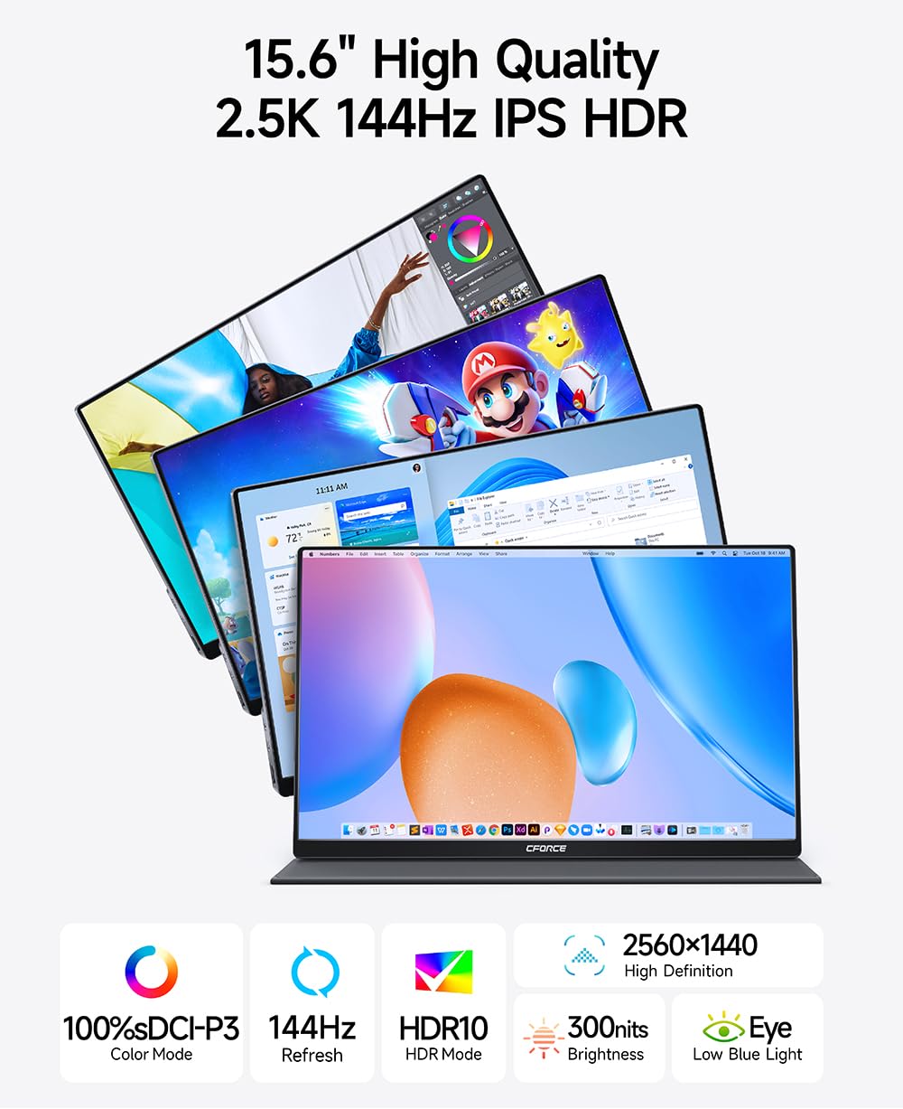 C Force Portable Monitor 15.6Inch 2.5K Qhd 2560X1440 144Hz 100% P3 Usb C, Hdmi High Refresh Rate Computer Display Hdr Ips Gaming