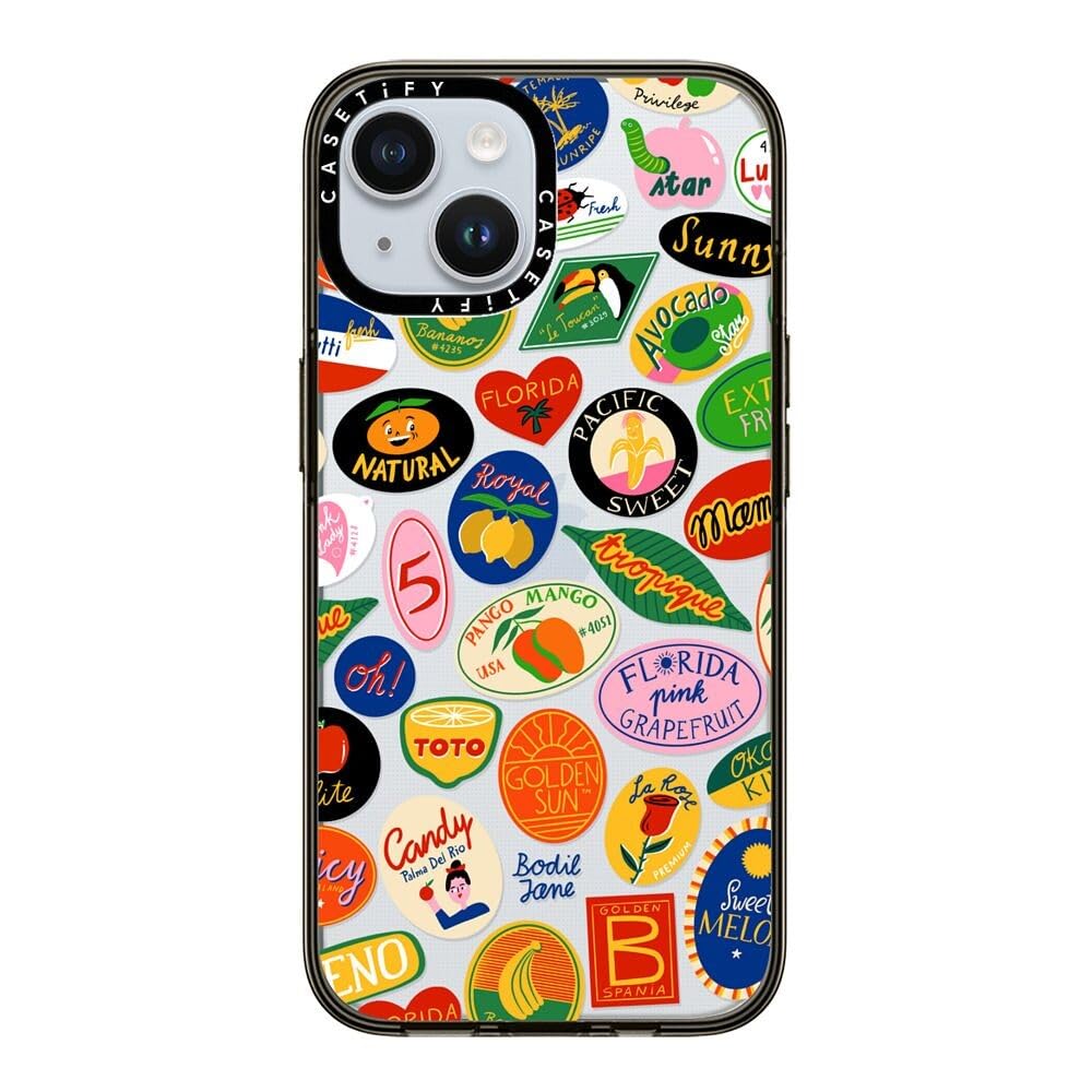Casetify Compact Case For Iphone 15 [2X Military Grade Drop Tested / 4Ft Drop Protection]   Fruit Stickers   Clear Black