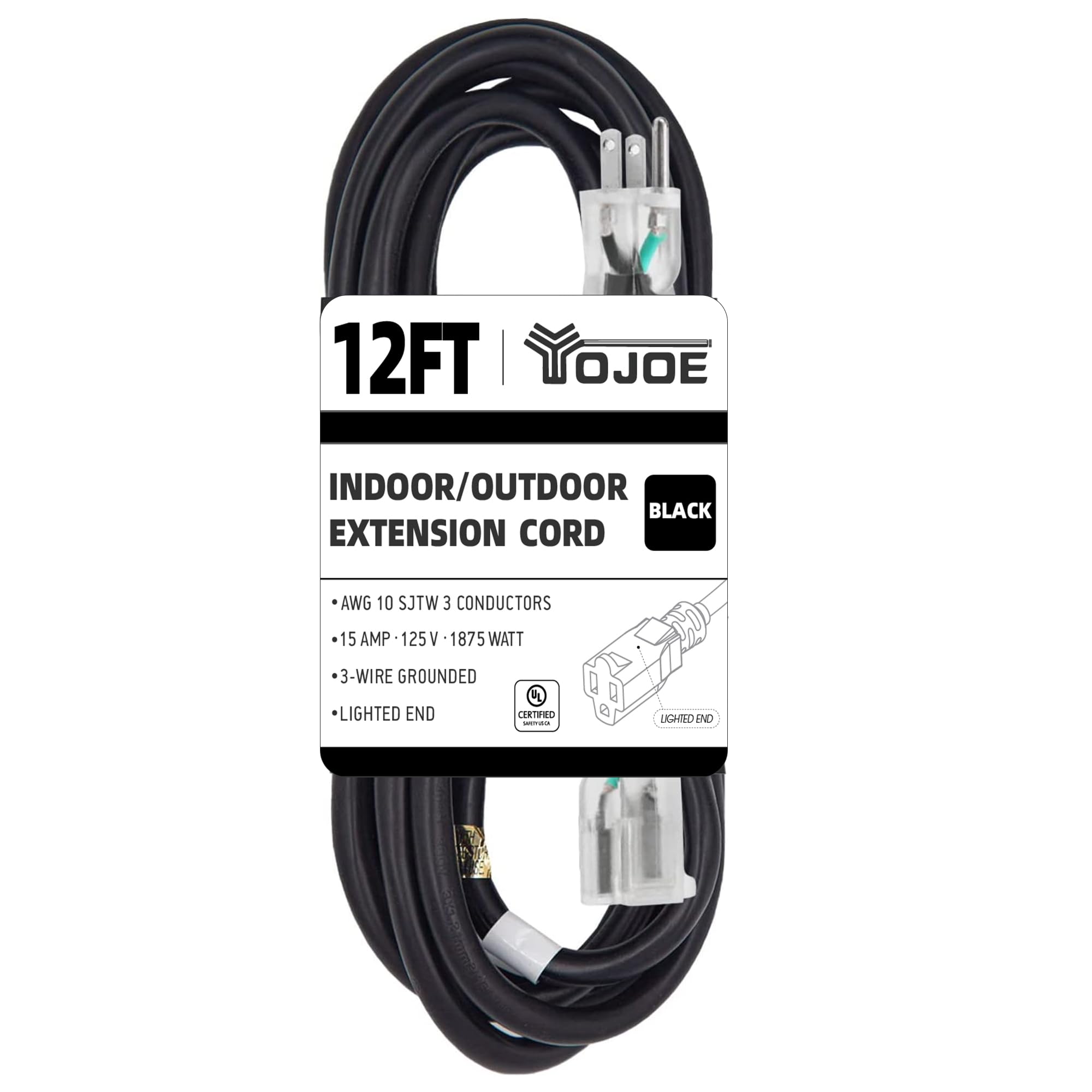 Yojoe Indoor Outdoor Extension Cord With Lighted End, 3 Prong 15A Weatherproof Power Extension Cord, 10 Gauge Heavy Duty 12 Ft B