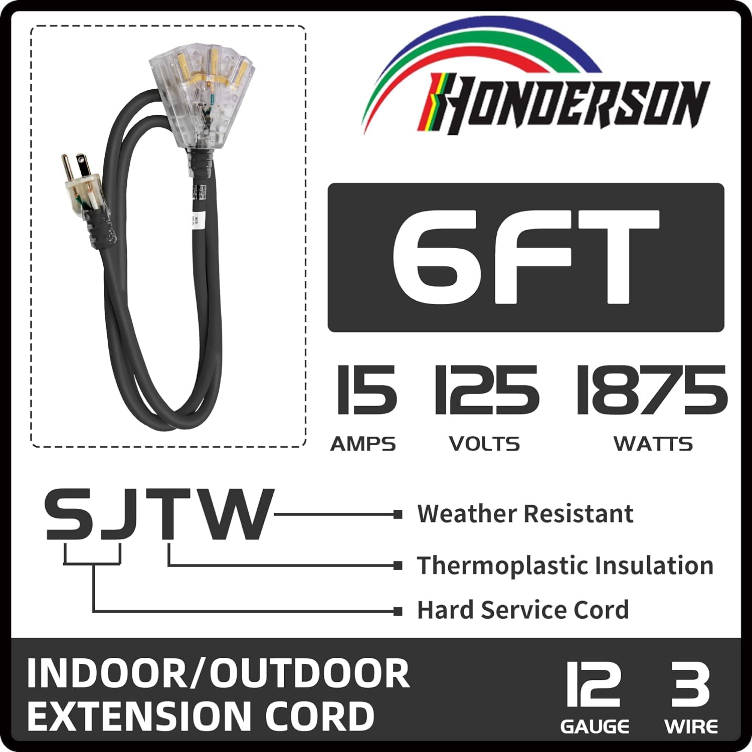 Honderson 3 Outlets Indoor Outdoor Extension Cord Weatherproof With Lighted End, Ul Listed, 12 Gauge 6Ft Black 3 Prong Heavy Dut