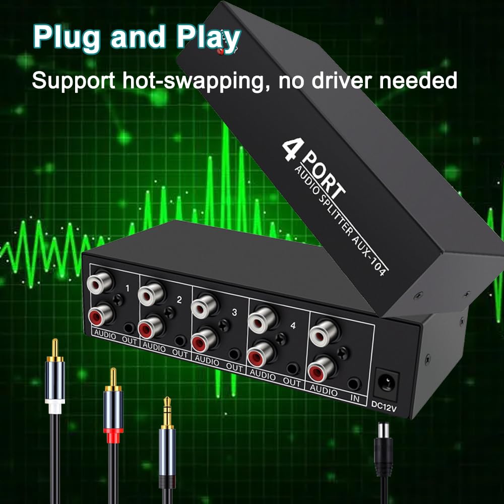 Flyroadup 3.5Mm Aux + Rca L/R Audio Splitter 1 In 4 Out Stereo Analog Audio Distributor Box