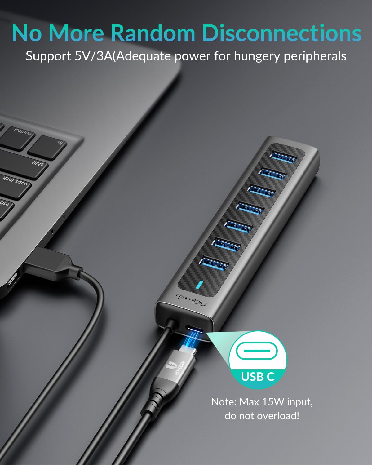 Gigimundo Gm7U 7 Port Usb 3.0 Hub, 3.3Ft Long Cable, Aluminum, High Speed, Multi Port Extender Hub, External Expansion Data Hub