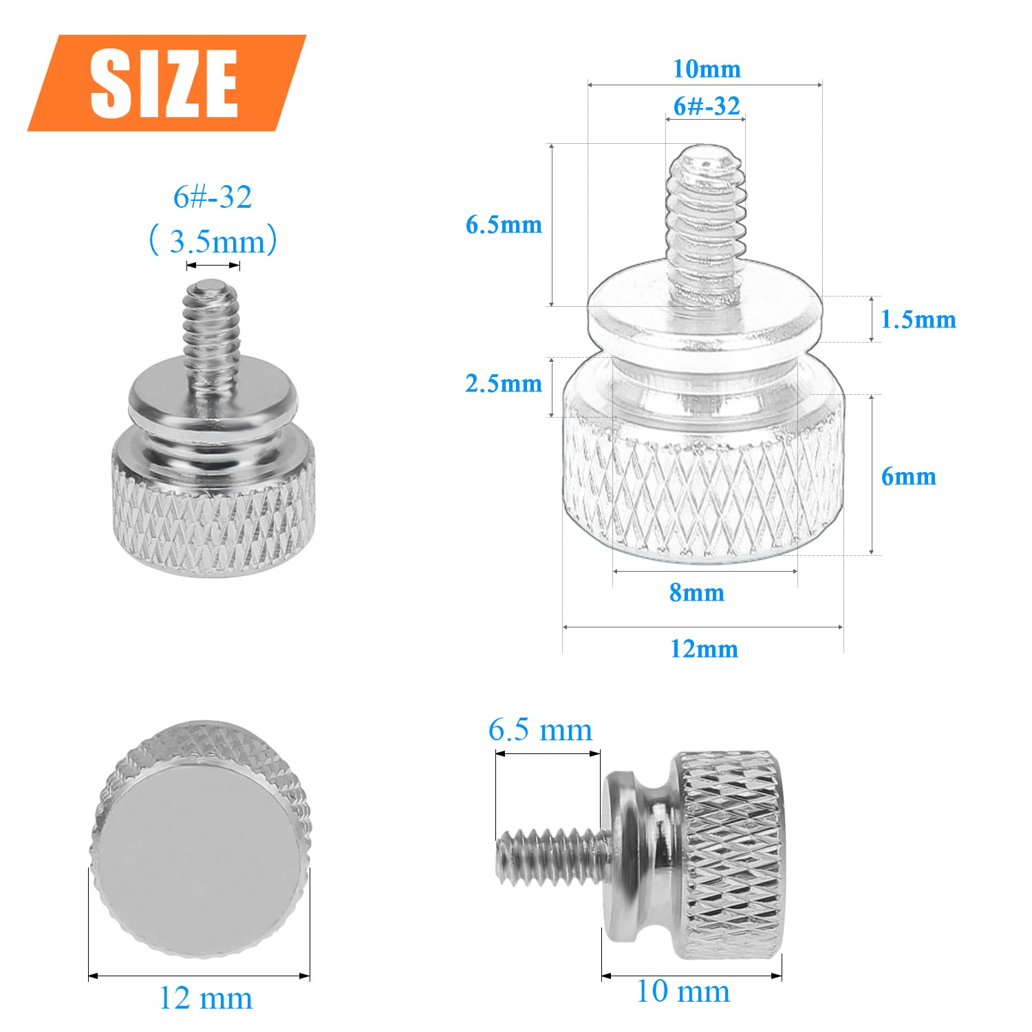 Helifouner 20 Pieces 6 32 Thread, Silver Color Anodized Aluminum Computer Case Thumbscrews, Thumb Screws For Computer Case/Cover