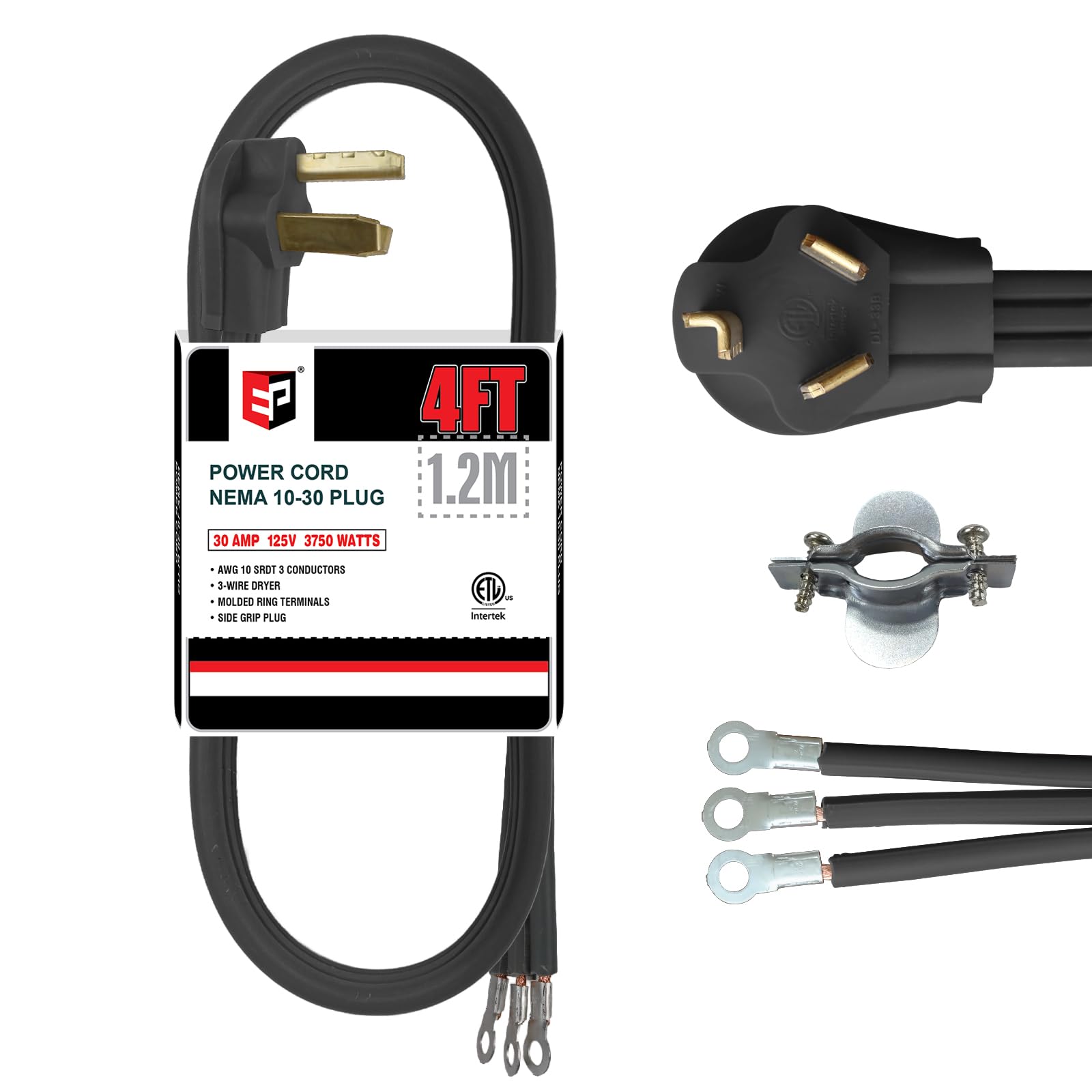 Ep 3 Prong Dryer Cord, 4 Ft 10/3 Srdt, 30Amp Appliance Extension Power Cord, Nema 14 30, Black