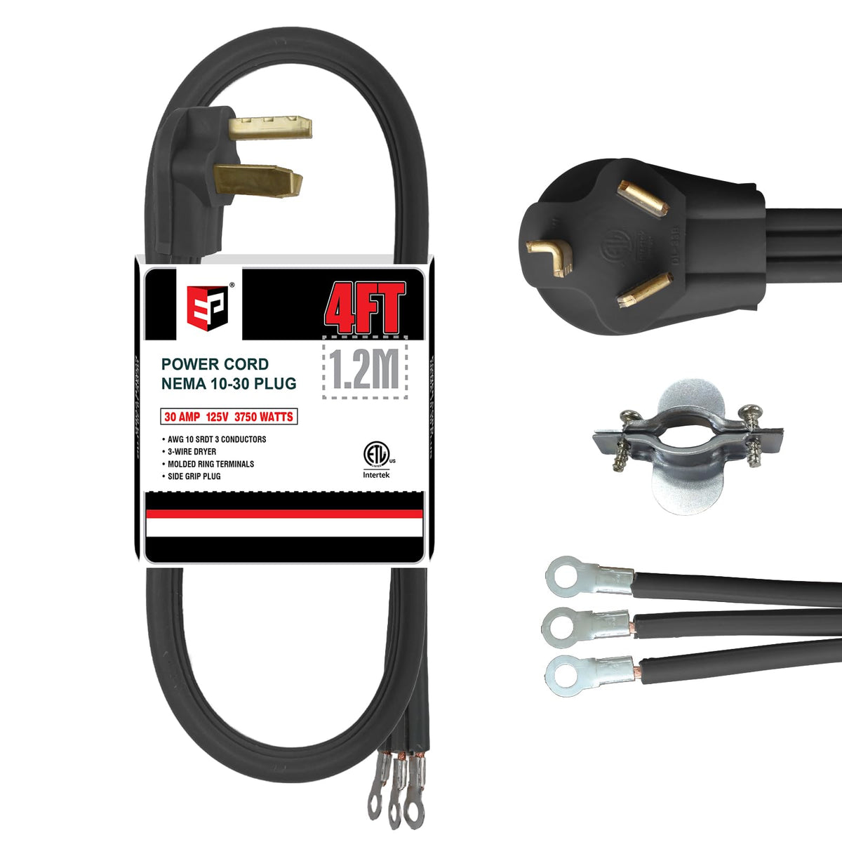 Ep 3 Prong Dryer Cord, 4 Ft 10/3 Srdt, 30Amp Appliance Extension Power Cord, Nema 14 30, Black