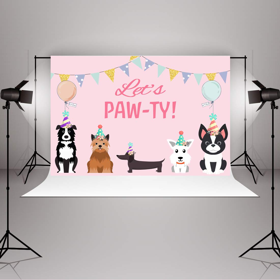 5X3Ft Puppy Dog Happy Birthday Themed Backdrops Let'S Paw Ty Doggy Pet Pink Girl Photography Backdrop Birthday Banner For Puppy