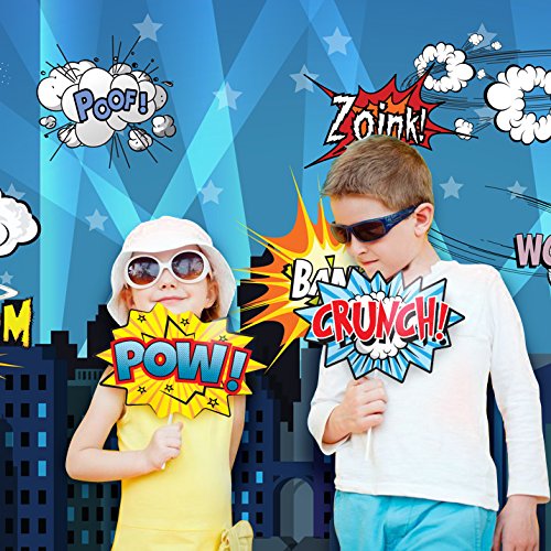 Superheroes Theme Party Photography Backdrop With Prop, Flag & Mask. Super Hero Cityscape Photo Booth Background For Kids Party,