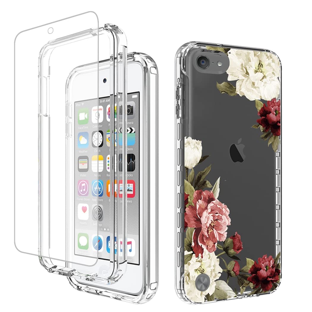 Yodueiv For Ipod Touch 6/Touch 5/Touch 7 Case With Tempered Glass Screen Protector, Full Body Shockproof Cute Clear Floral Patte