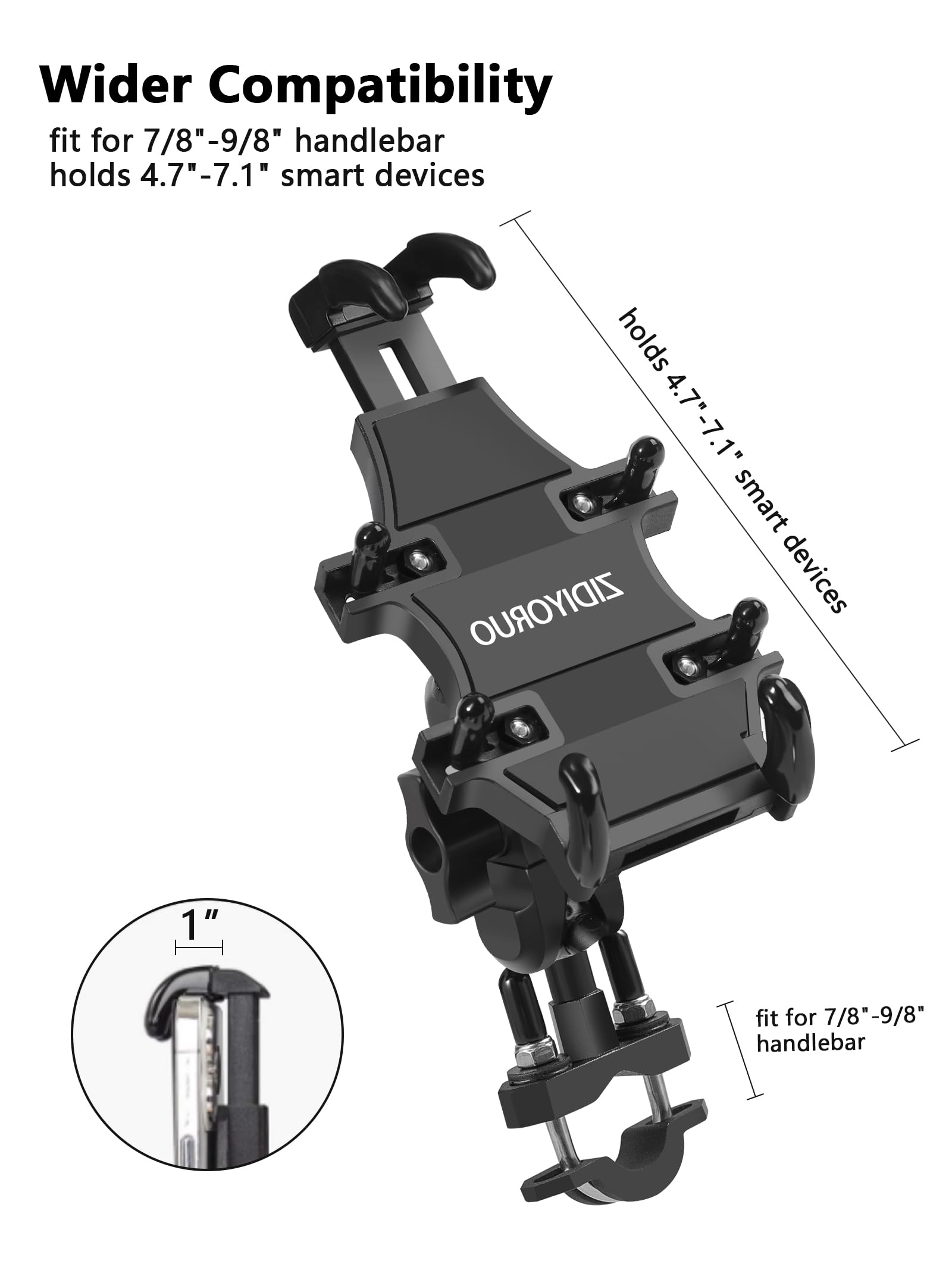 Zidiyoruo Atv Phone Holder, Quad Phone Mount, 8 Clamps Holds 4.7-7.1 Phones, One Hand Operation Motorcycle Phone Clip For 7/8-9/