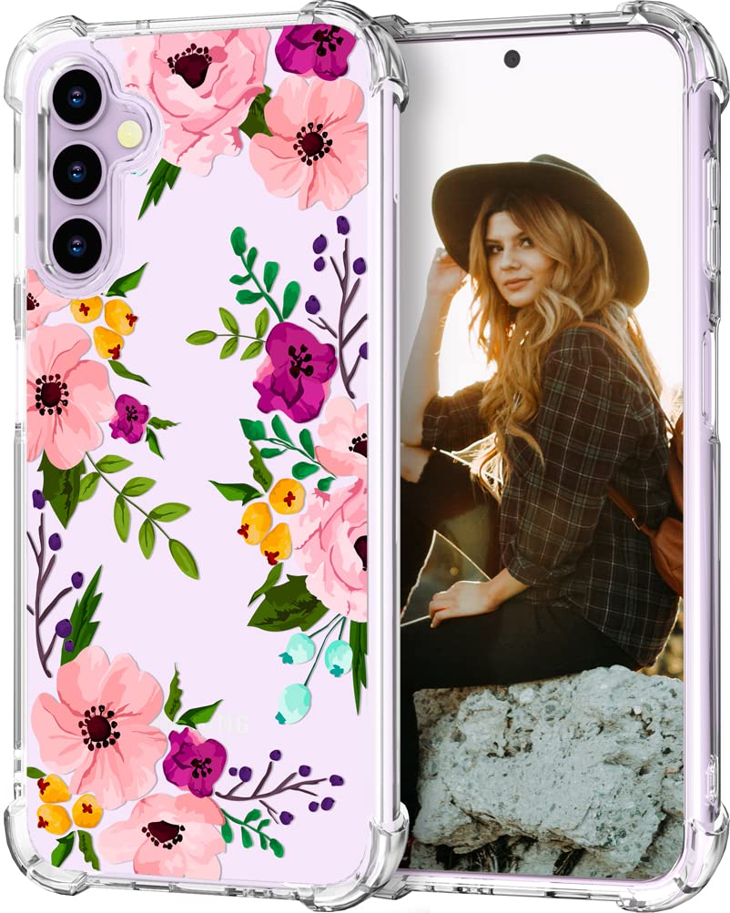 Hungo Samung Galaxy S23 Case Floral Flower Clear Design Cute,Girly For Women Girls Floral Flower Transparent Case Compatible Wit