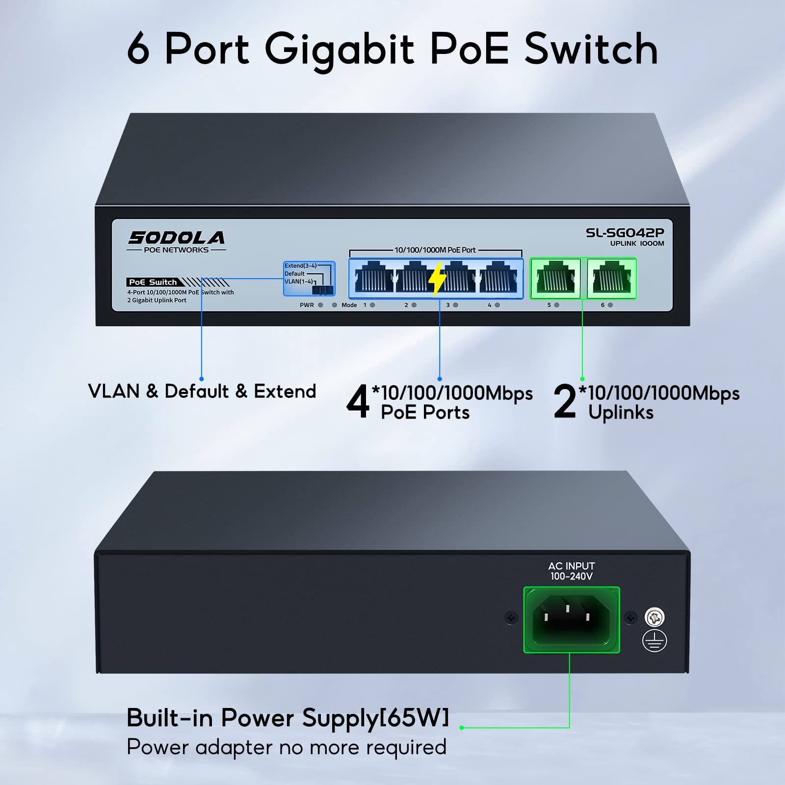 Sodola 4 Port Gigabit Poe Switch With 2 Uplinks, Ai Watchdog/Extend/Port Isolation, 802.3Af/At,Plug & Play Unmanaged Network Swi