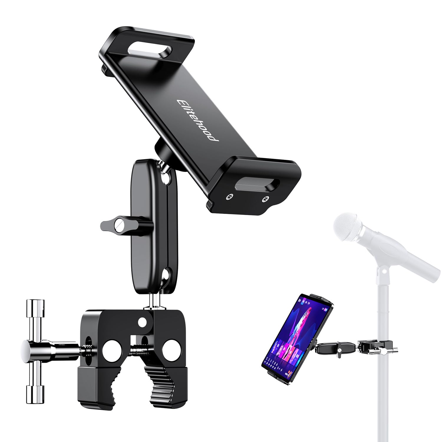 Elitehood 2024 Newest Dual Ball Head Aluminum Tablet Holder For Mic Stand, Adjustable Ipad Mic Stand Holder, Side Mount Microphone Music Stand Phone Holder Mount For Ipad, Iphone,4, 7  12.9In Tablets