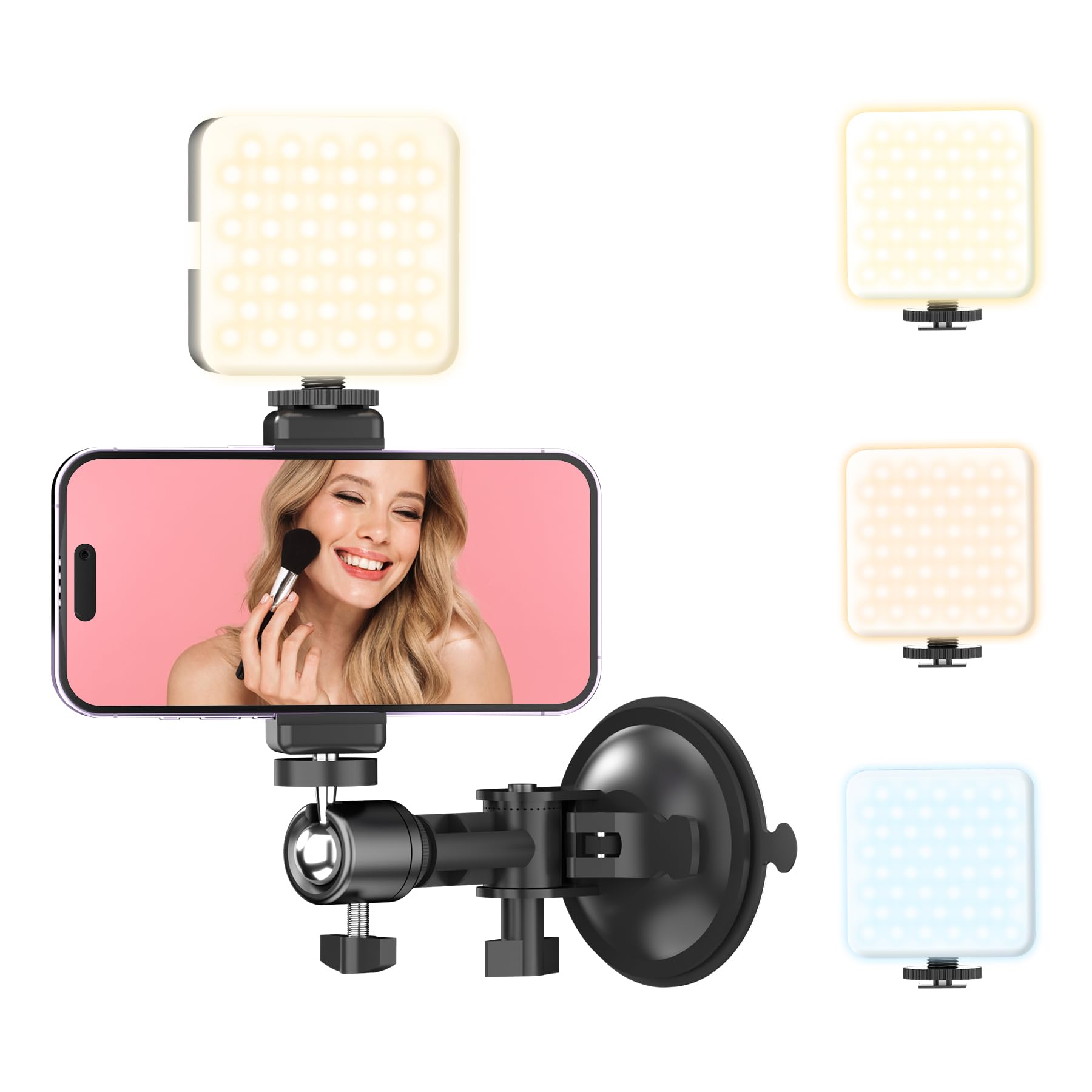 Suction Cup Mirror Phone Holder With Rechargeable Light, Versatile Wall Phone Mount For Content Creator, Mirror Tripod For Car B