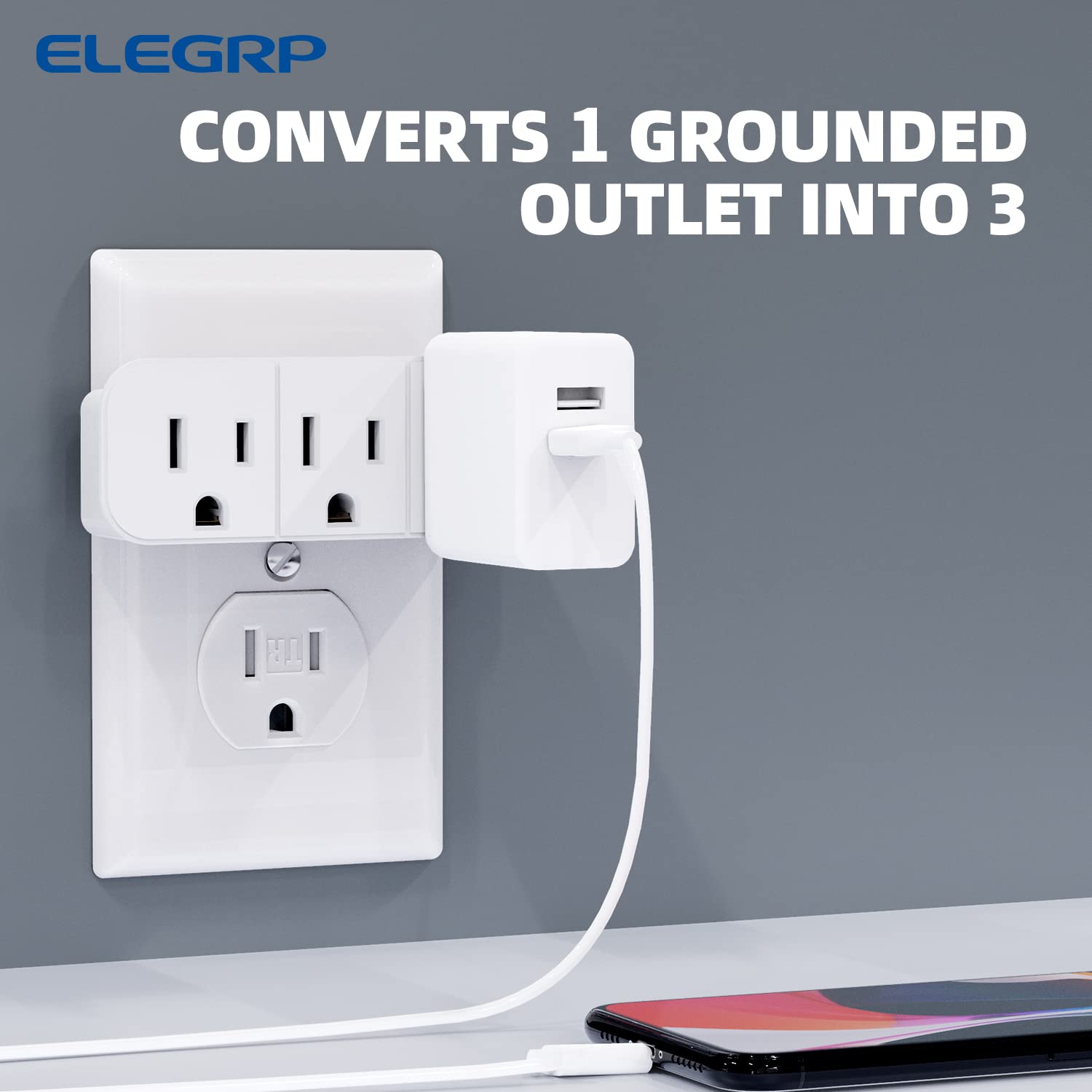 Elegrp Triple Outlet Extender, 3 Prong Grounded Wall Tab, Multiple Outlet Extender Adapter Plug With 3 Electrical Outlets For Tr