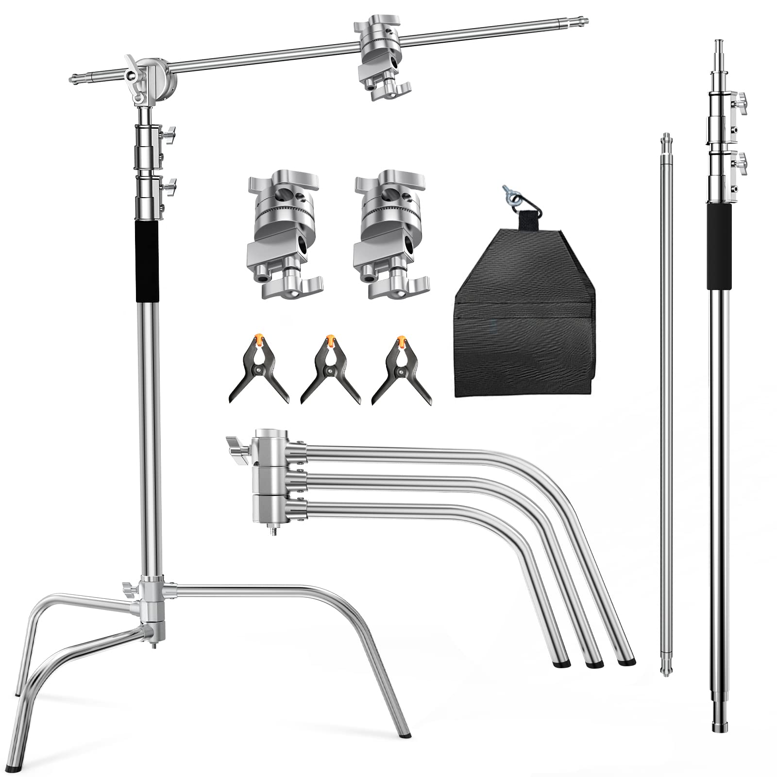 C Stand With Boom Arm Photography Light Stand   Max Height 10.5Ft/320Cm, With 4.2Ft/128Cm Holding Arm , Stainless Steel Heavy Du