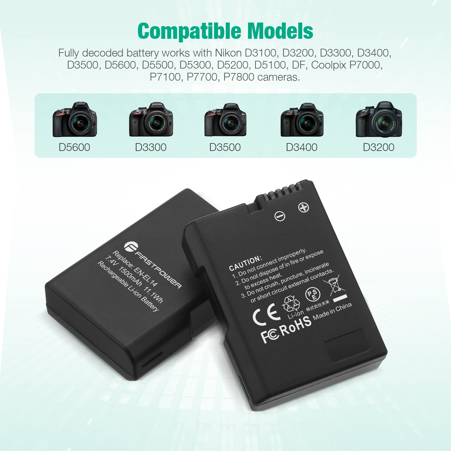 Firstpower En El14 En El14A Batteries For Nikon D3500 D3400 D3300 D3200 D3100 D5600 D5500 D5300 D5200 D5100 Df Coolpix P7000 P71
