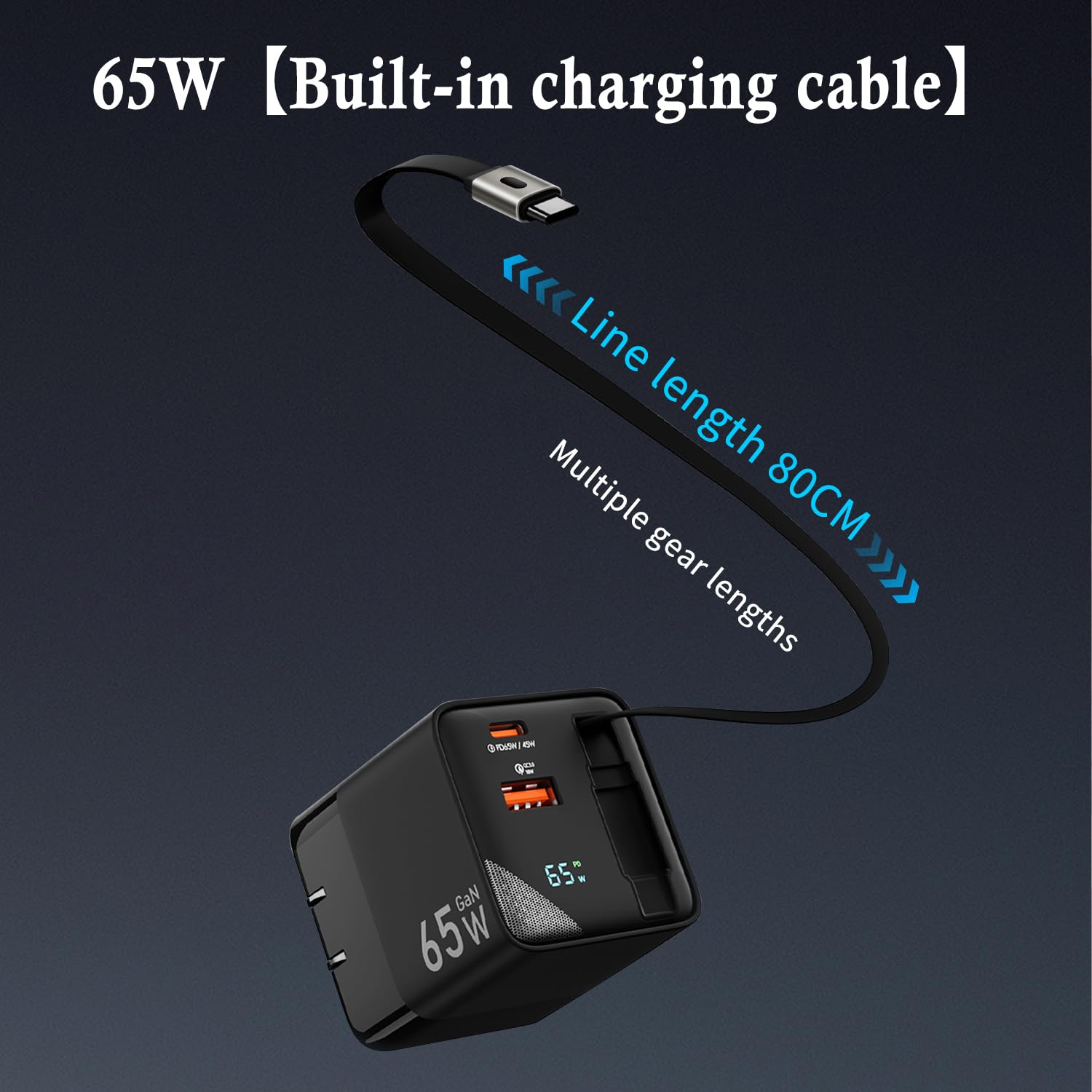 65W Usb C Charger, 3 In 1 Gan Retractable Wall Charger Plug Pd Pps Type C Cable And Dual Port, Travel Portable Fast Charging Blo