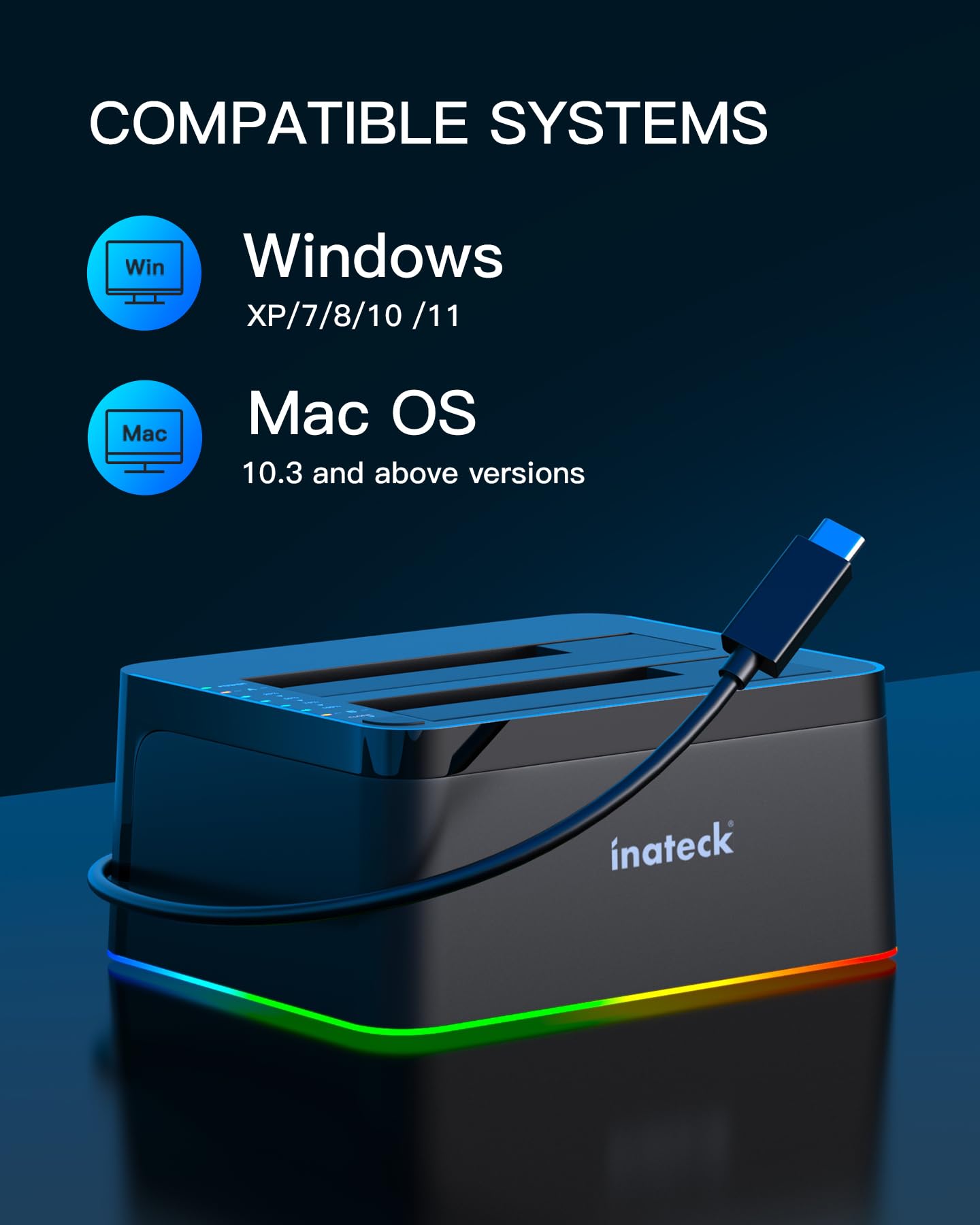 Inateck Rgb Usb 3.0 Usb C Port Hard Drive Docking Station With Offline Cloning, For 2.5/3.5 Inch Sata Hdds And Ssds, 2 X 20Tb Du