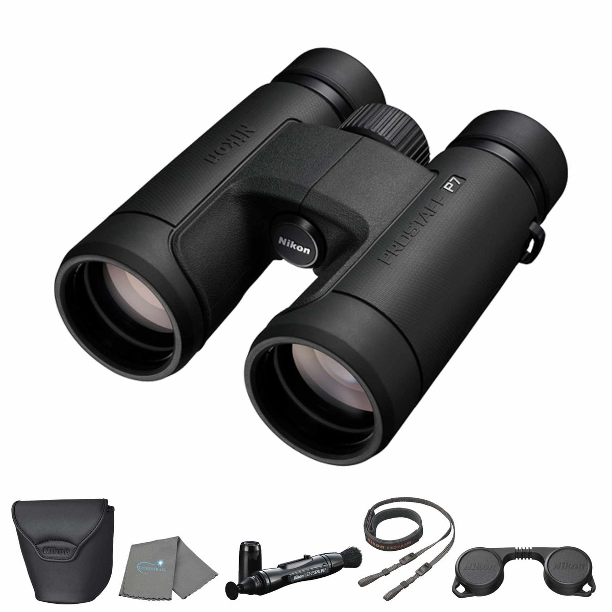 Nikon Prostaff P7 8X42 (16772) Black Binoculars Bundle With Lens Pen And Cleaning Cloth, Compact Binoculars For Adults For Hunti