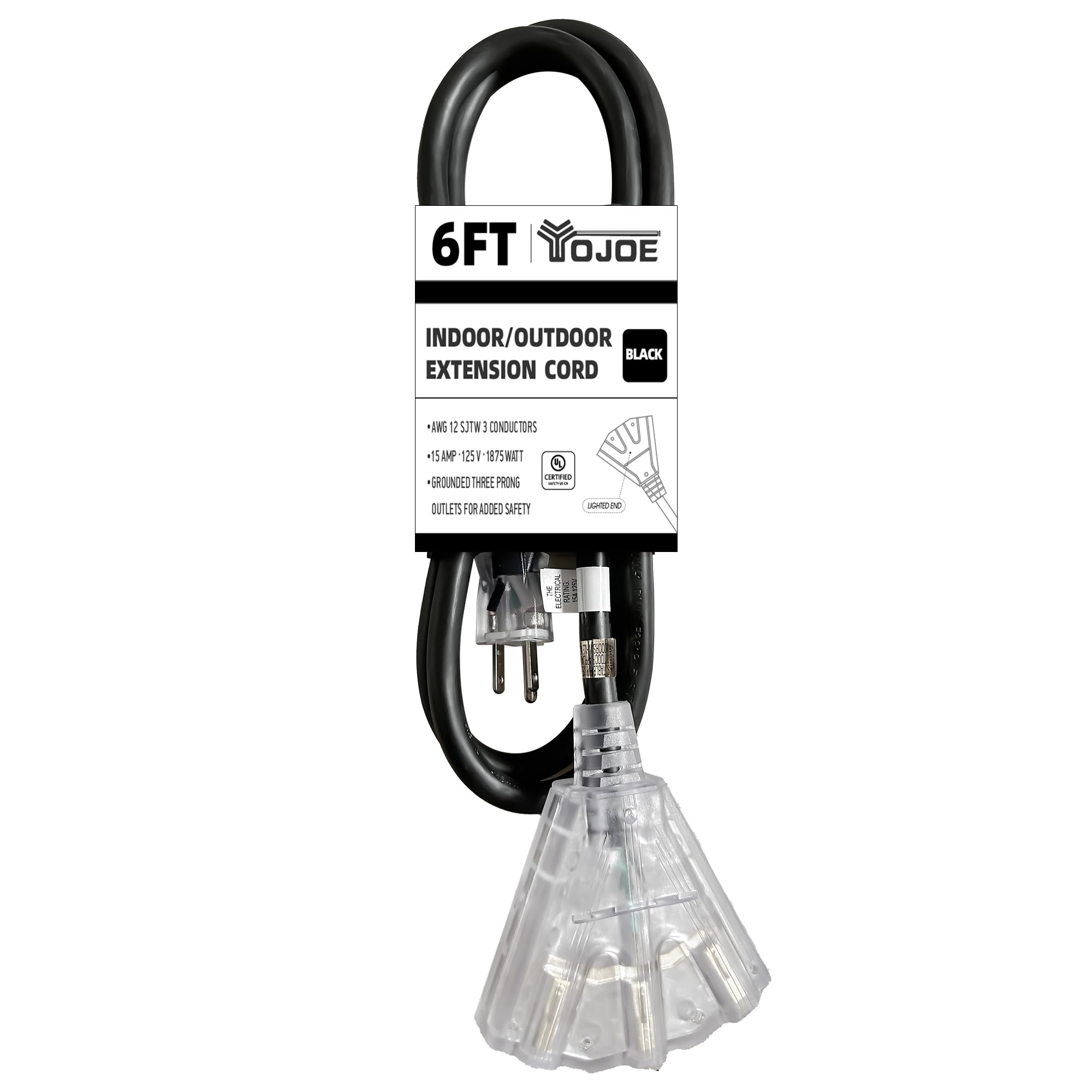 Yojoe 6 Foot Black Extension Cord, Lighted Outdoor 12/3 Cord With 3 Power Outlets, 12 Gauge 3 Prong Sjtw Heavy Duty Extension Ca