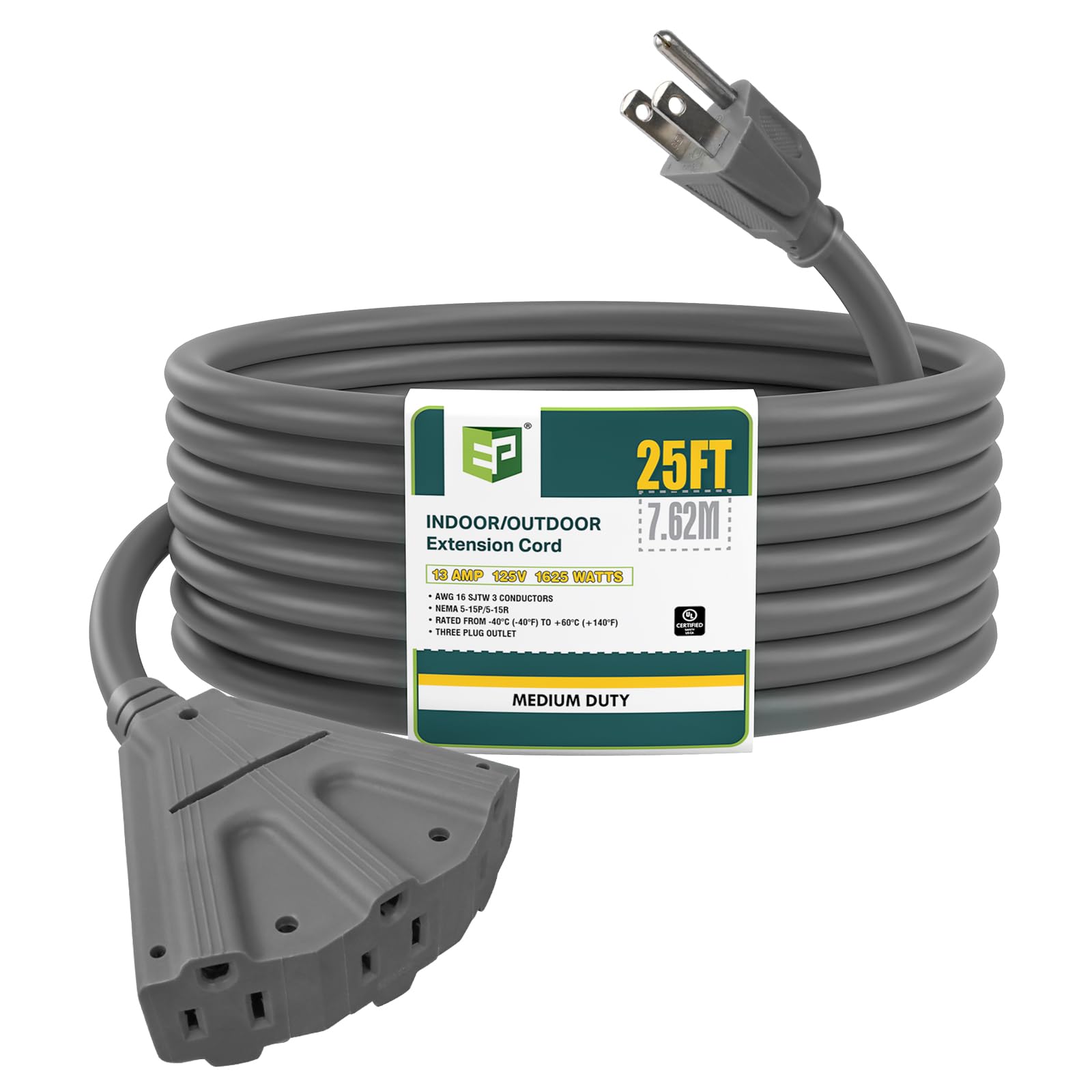 Ep 25 Ft Outdoor Extension Cord With 3 Electrical Power Outlets   16/3 Sjtw Grey Cable With 3 Prong Grounded Plug For Safety Gre