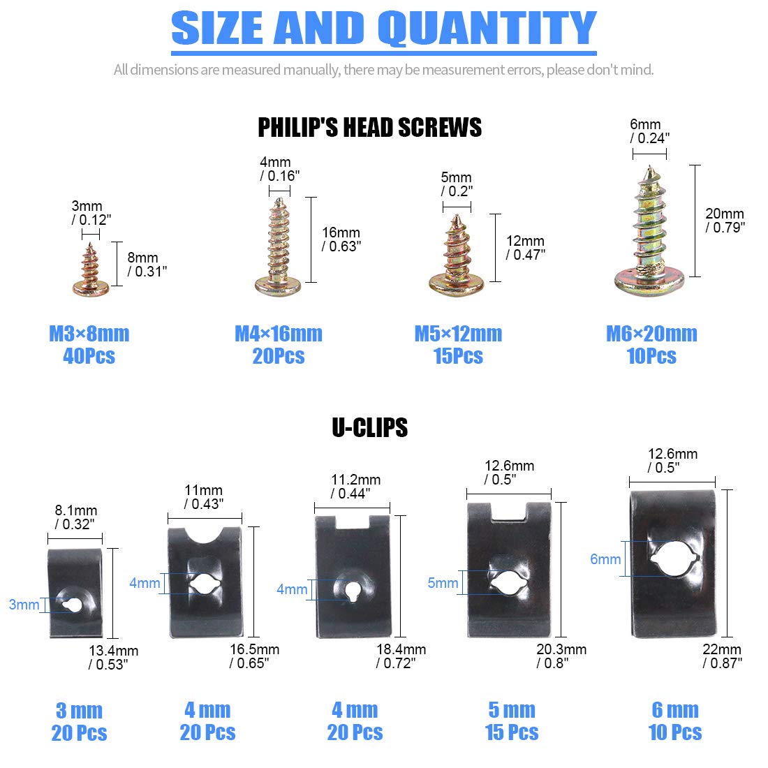 Glarks 170Pieces U Clip And Screw Assortment, 5 Size U Style Clip On Nut With Mounting Screws Kit For Securing Wires And Cables