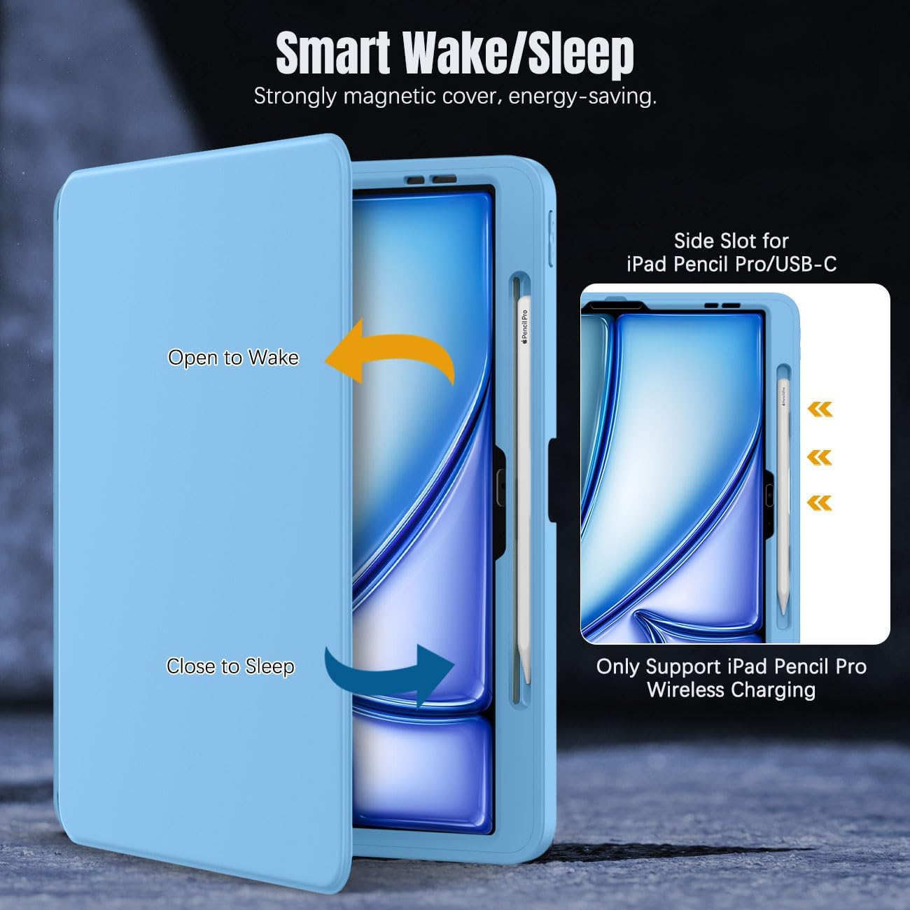 MoKo for iPad Air 13 Inch Case M2 2024 with Pencil Holder, iPad Air 13 Case, [Built in Screen Protector], iPad Air 13' Case with Clear Back & Magnetic Multi Angle Stand Cover, Sunny Blue